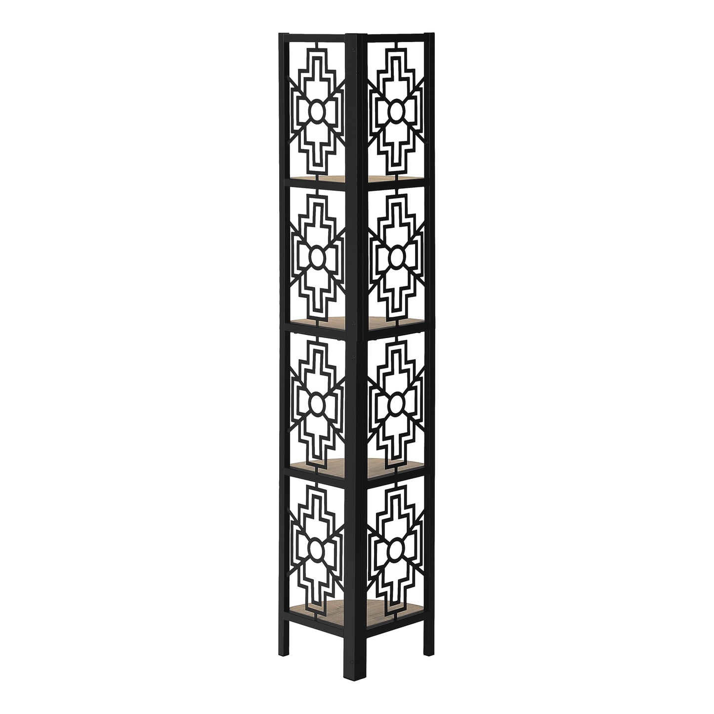 Black metal geometric bookshelf with four wooden shelves