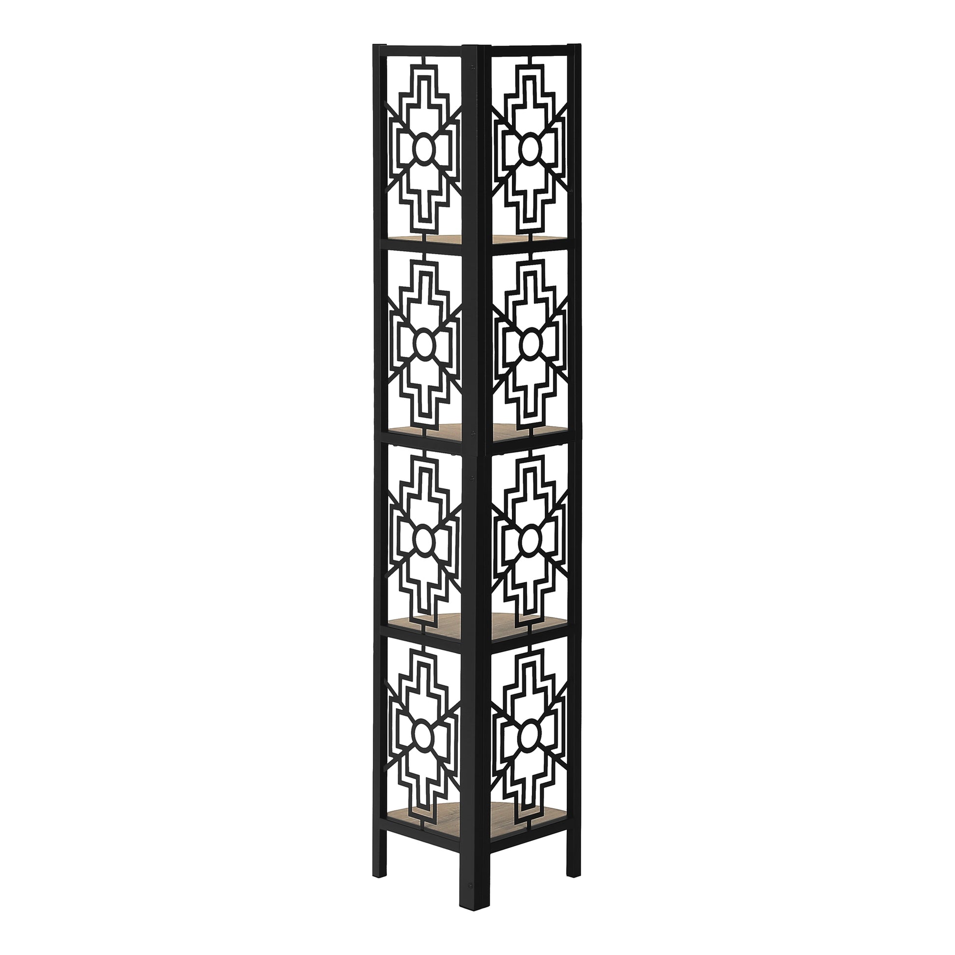 Black metal geometric bookshelf with four wooden shelves