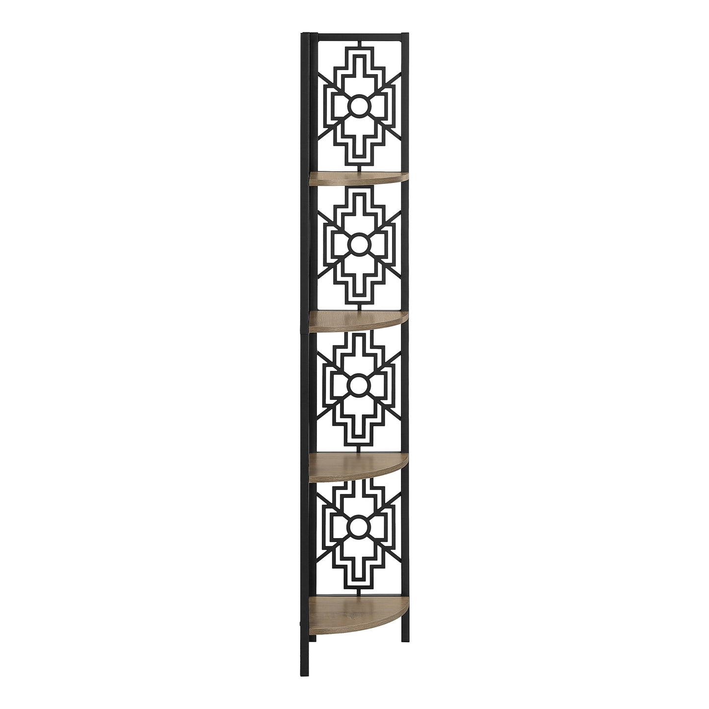 Black metal corner shelf with geometric cutouts and light wood shelves