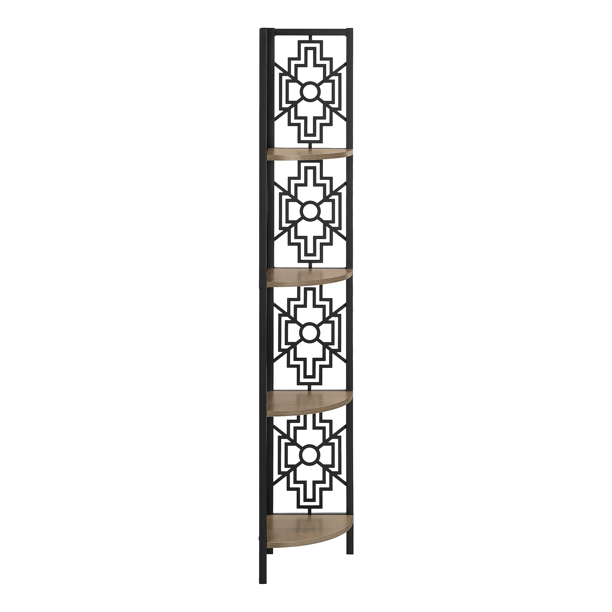 Black metal corner shelf with geometric cutouts and light wood shelves