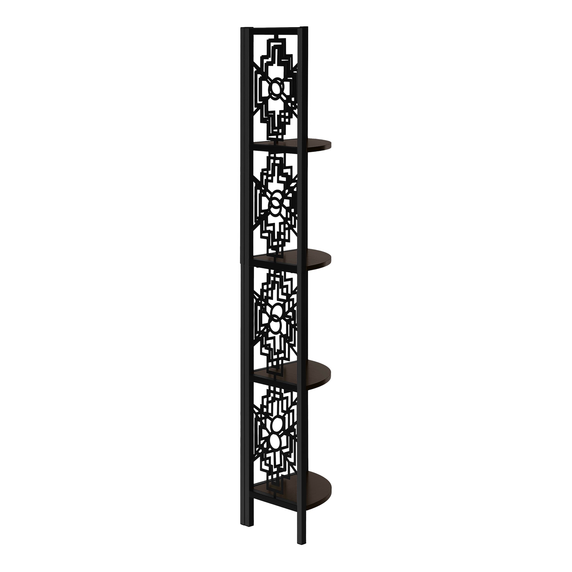Black metal etagere with geometric cutouts and dark wood shelves