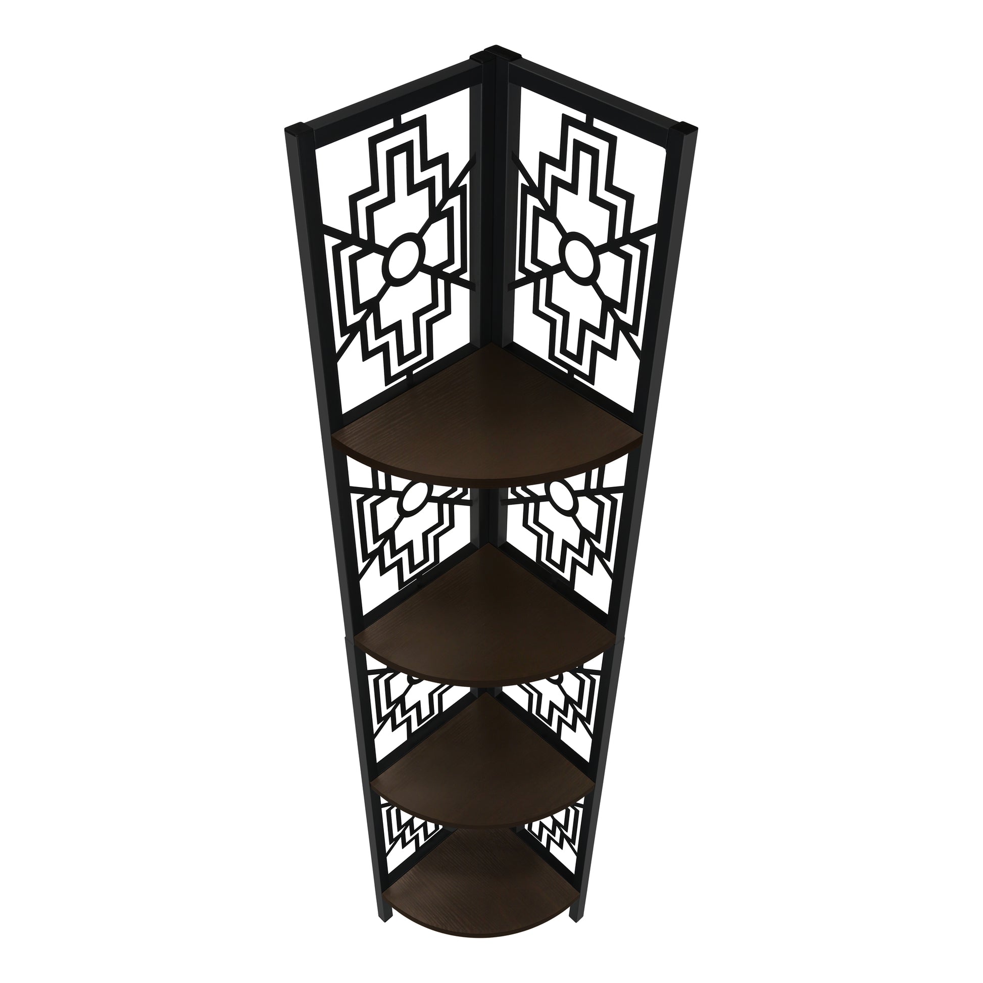 Black metal geometric corner shelf with dark wood shelves