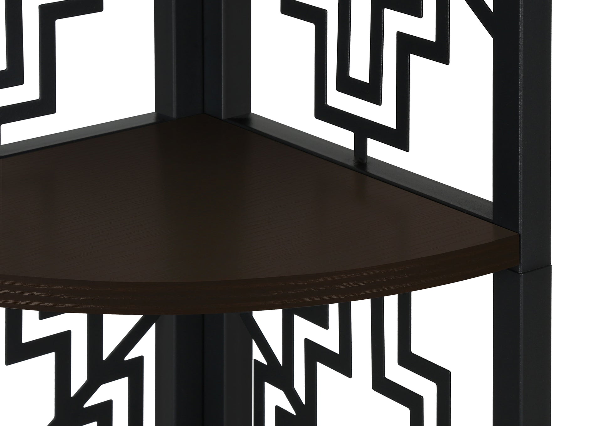 Dark wood corner shelf with geometric metal frame