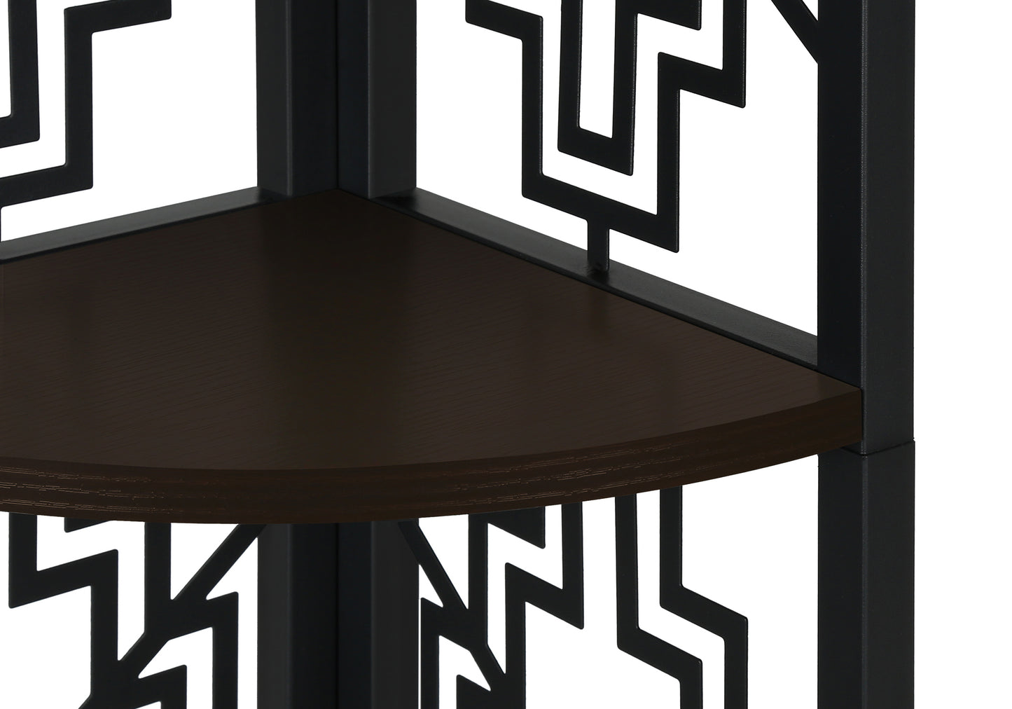 Dark wood corner shelf with geometric metal frame