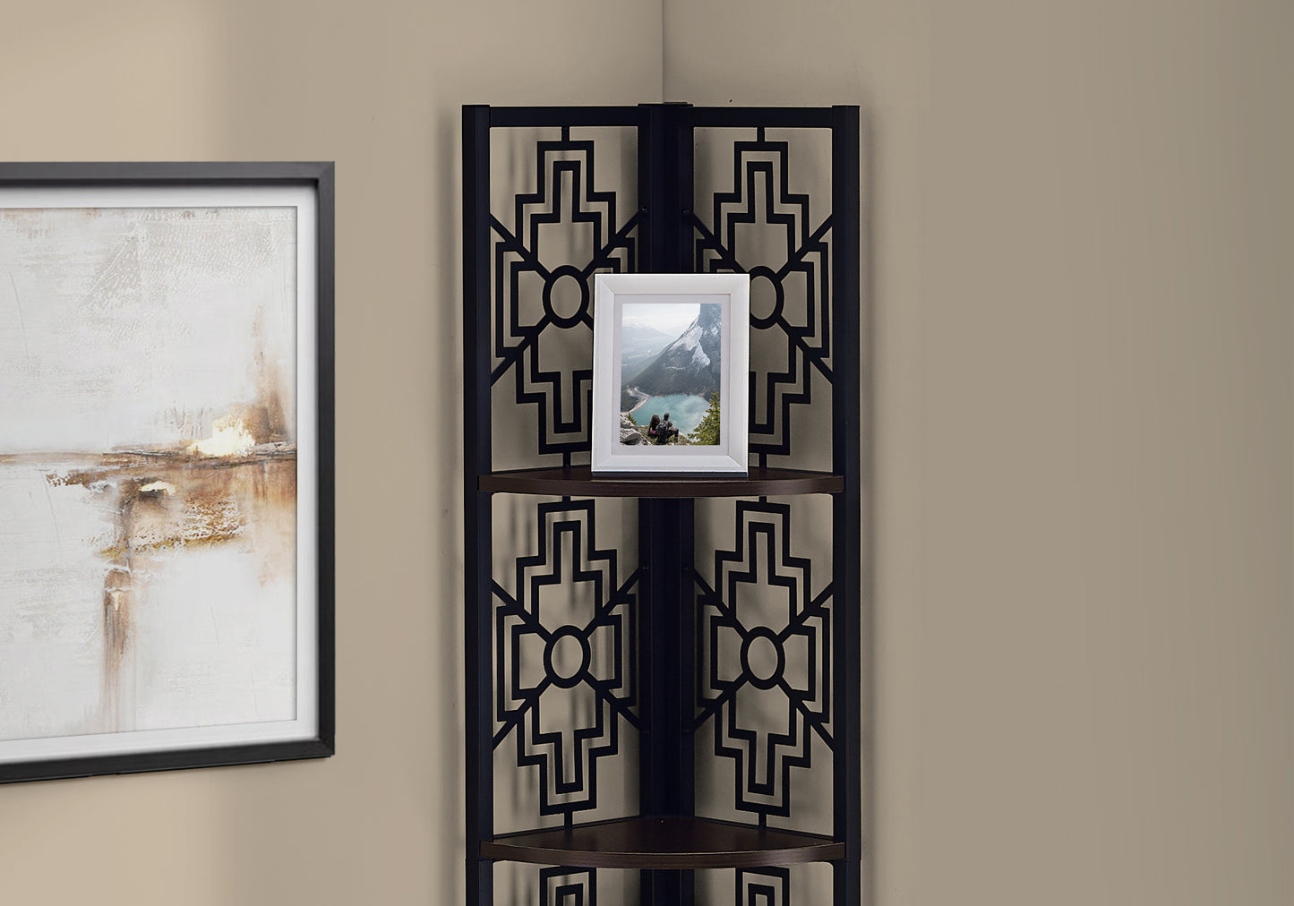 Black metal corner shelf with geometric cutouts and dark wood shelves