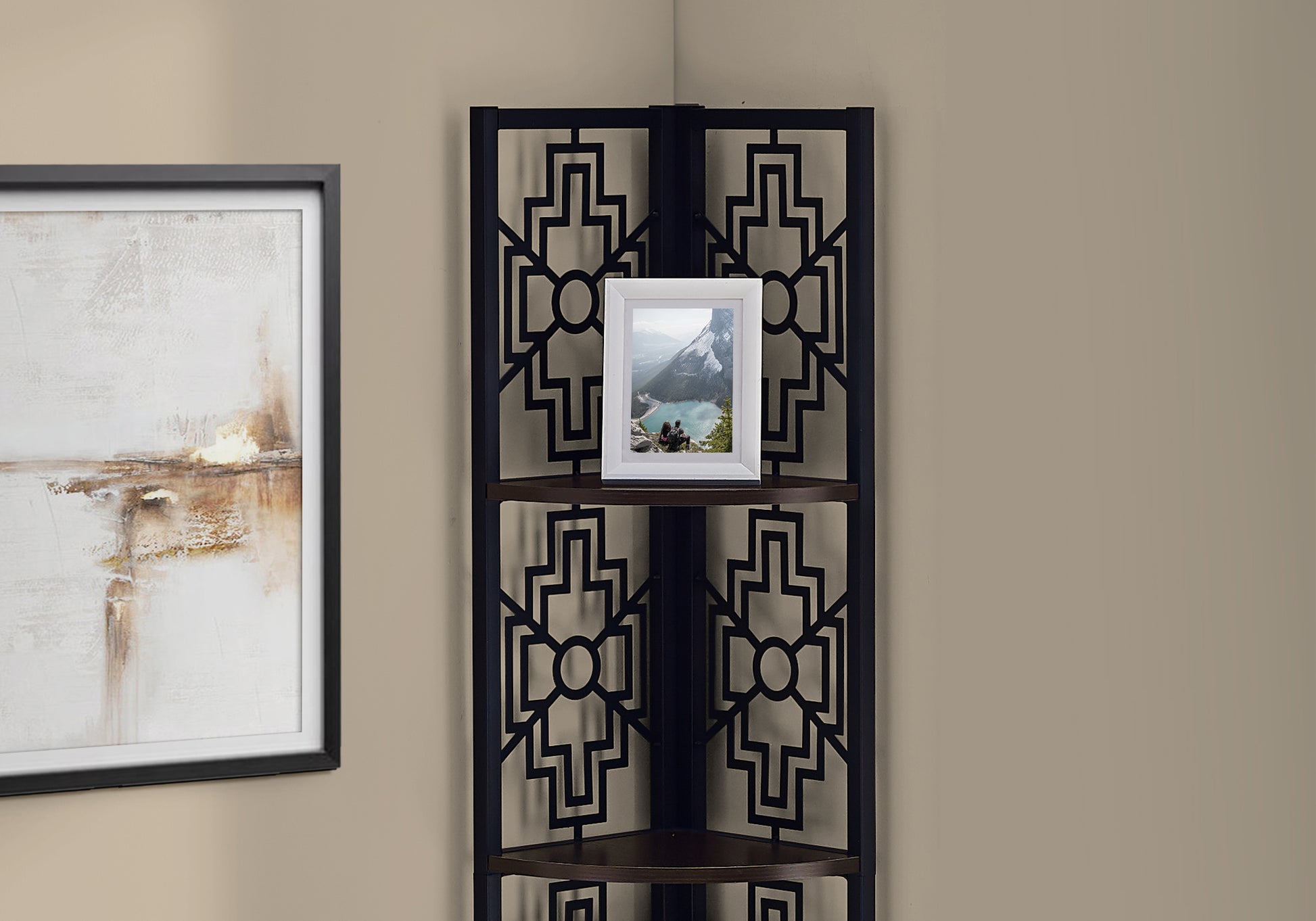 Black metal corner shelf with geometric cutouts and dark wood shelves