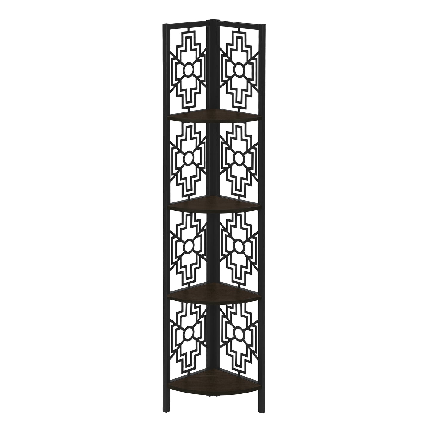 Black metal corner shelf unit with five dark wood shelves and geometric cutouts