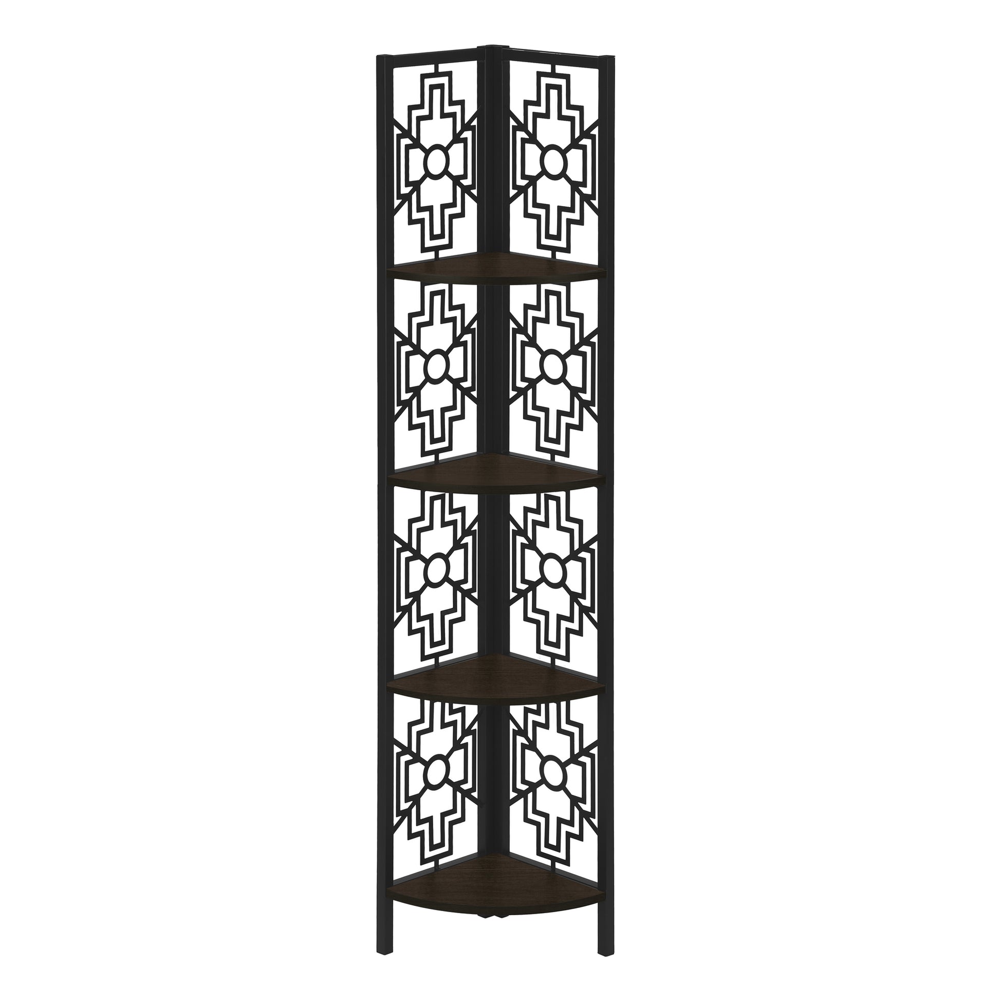 Black metal corner shelf unit with five dark wood shelves and geometric cutouts