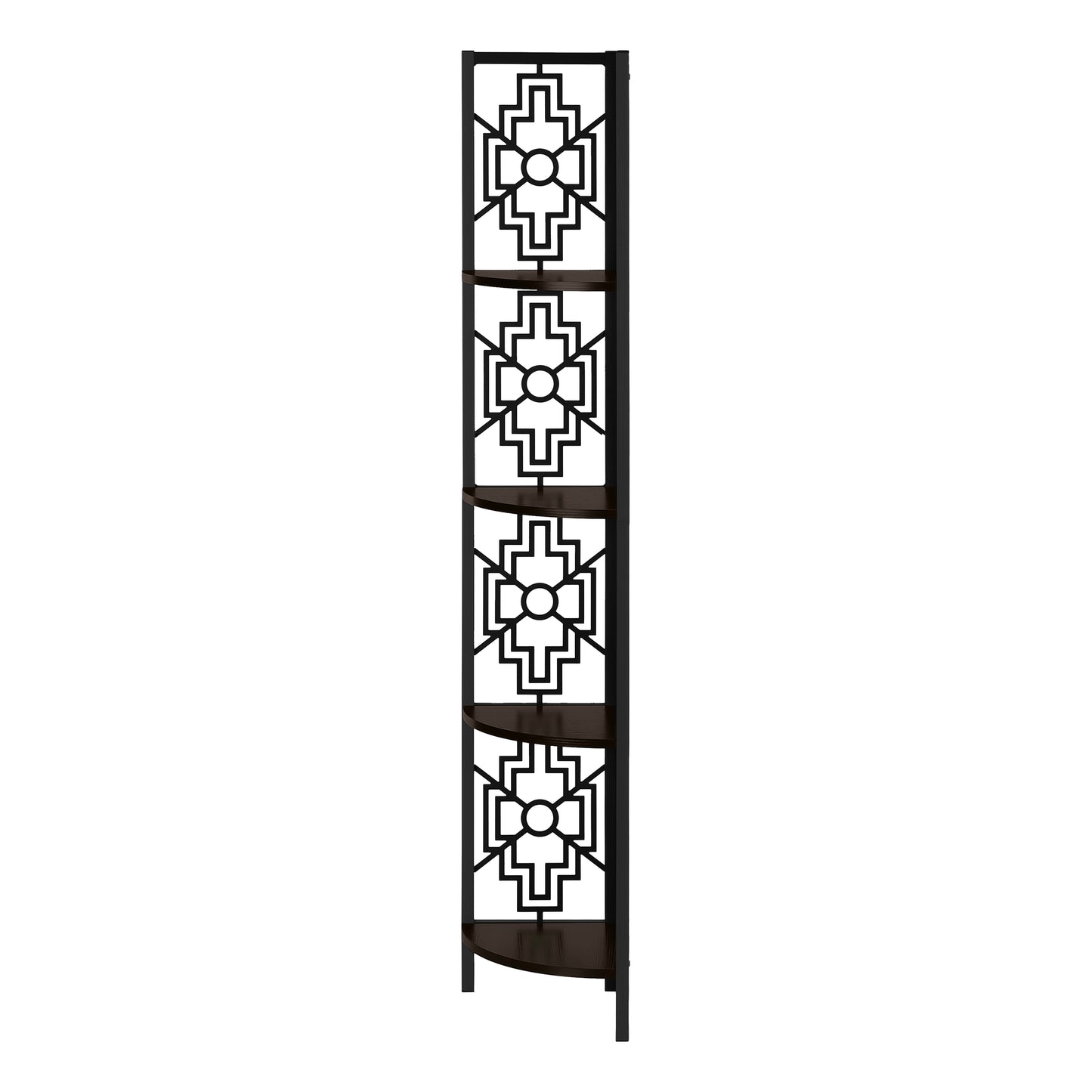 Black metal corner bookshelf with dark wood shelves and geometric fretwork