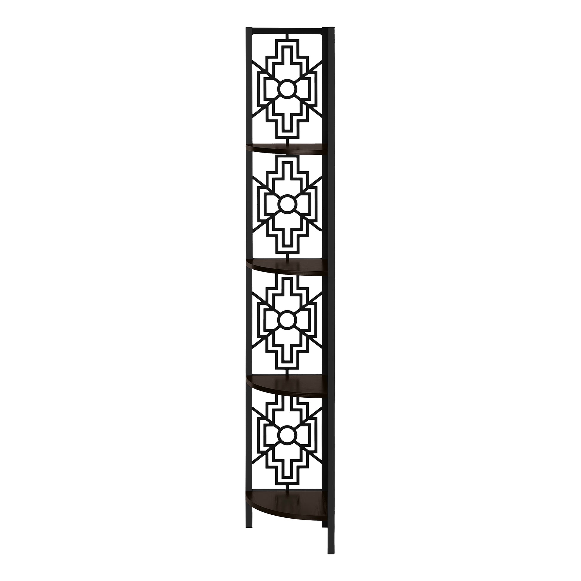 Black metal corner bookshelf with dark wood shelves and geometric fretwork