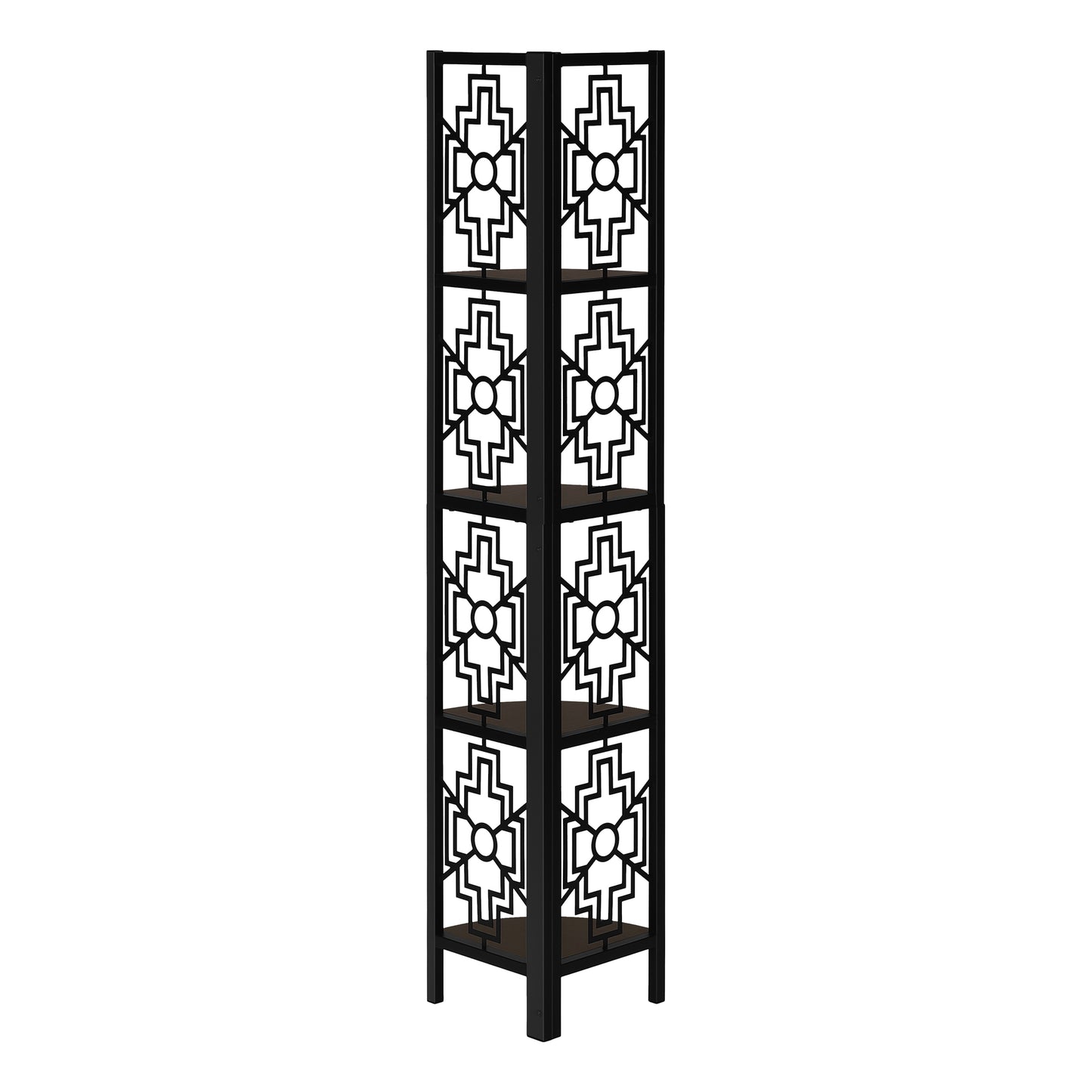 Tall black corner shelf with geometric cutouts and dark wood shelves