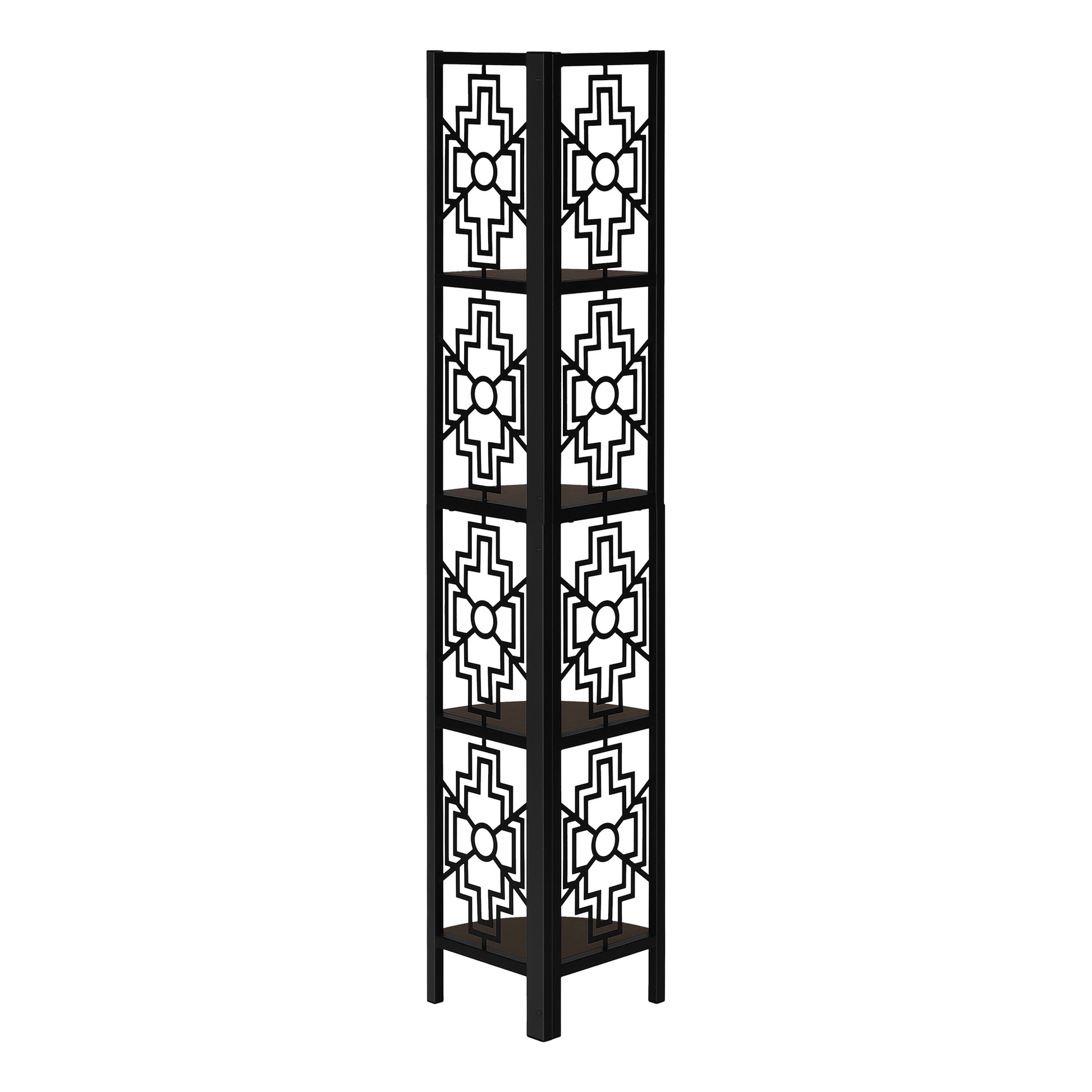 Tall black corner shelf with geometric cutouts and dark wood shelves