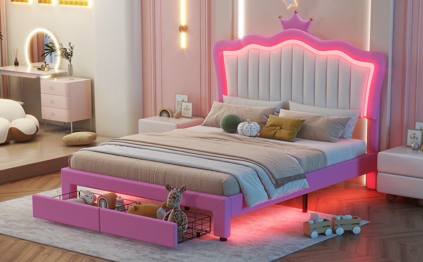 Pink upholstered kids bed with crown headboard and LED lights