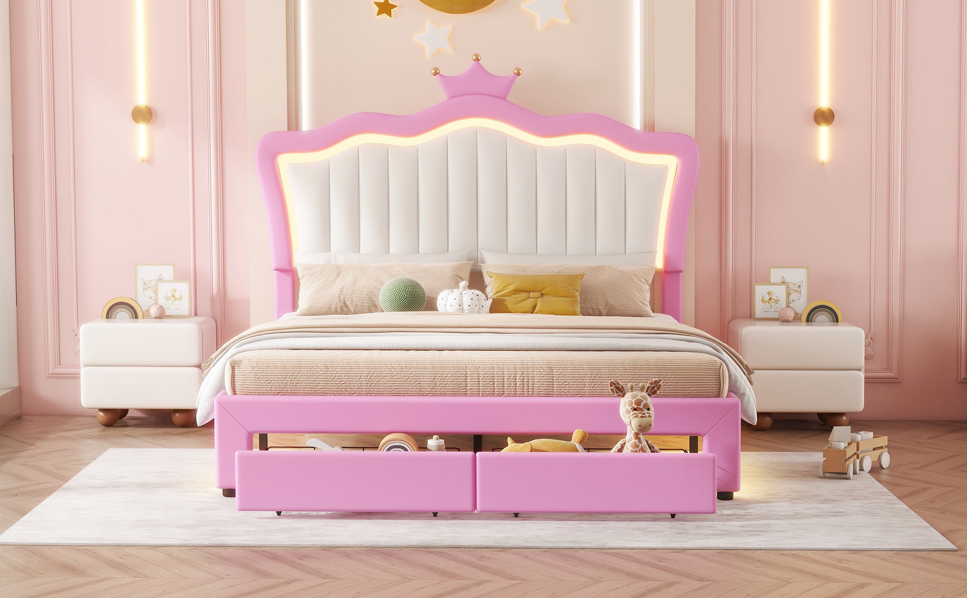 Pink upholstered twin bed with crown headboard and LED lights