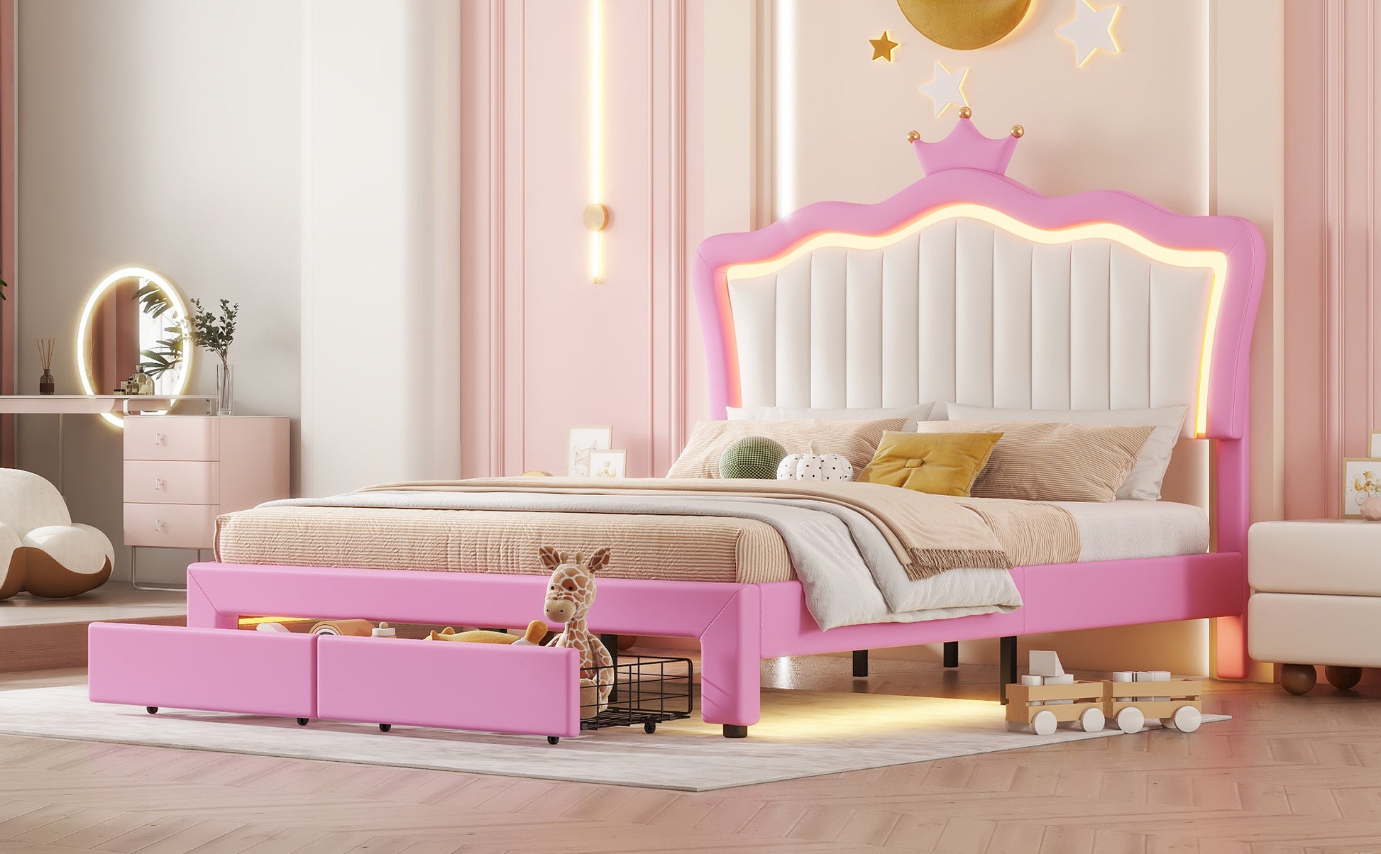 Pink princess bed with LED lights and storage drawers