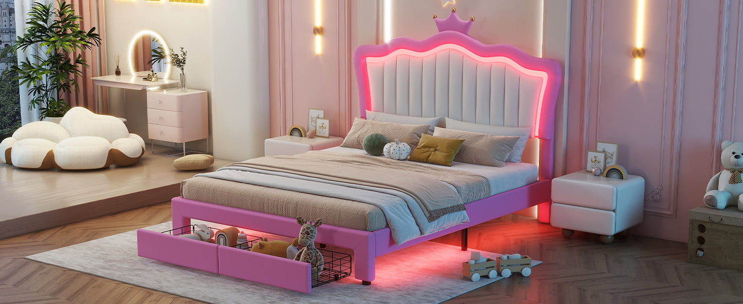 Pink princess bed with builtin LED crown headboard and storage drawers for kids