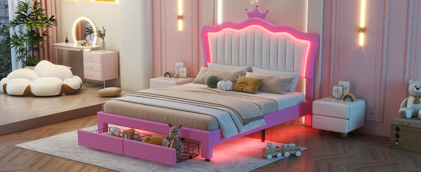 Pink princess bed with builtin LED crown headboard and storage drawers for kids