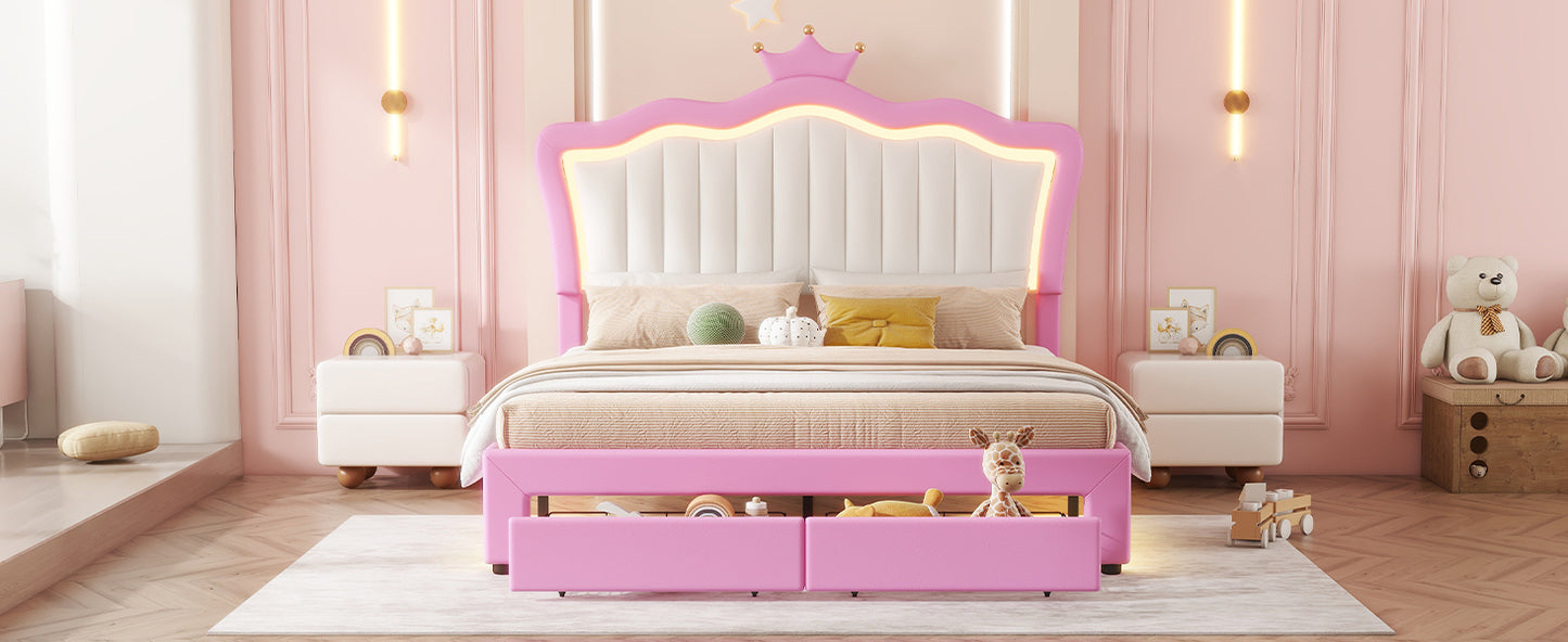 Pink princess bed with crown headboard and LED lights