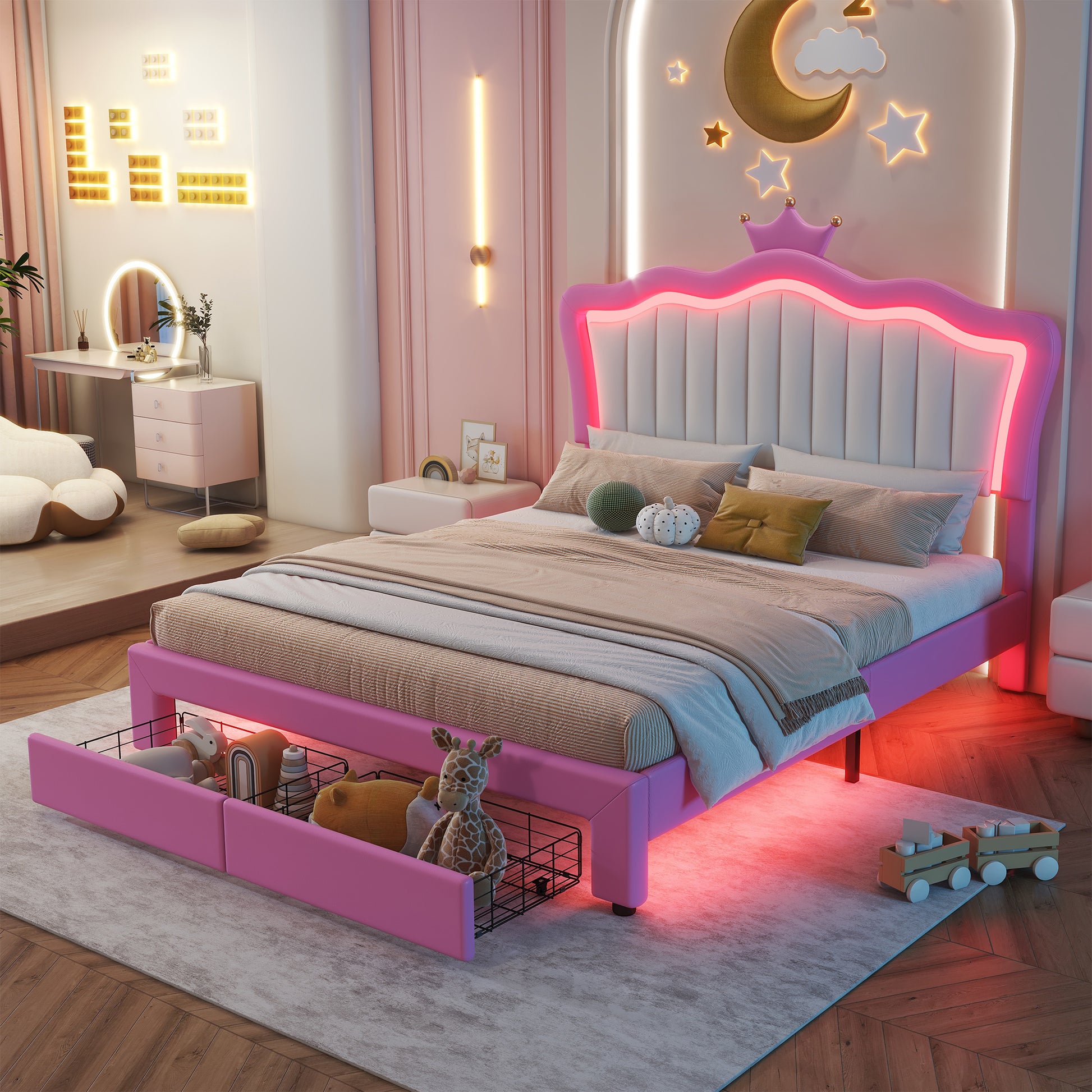 Pink upholstered platform bed with integrated LED lighting and storage drawers