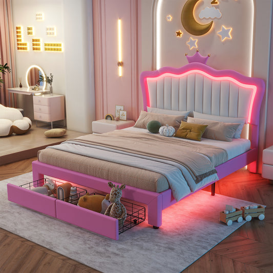 Pink upholstered platform bed with integrated LED lighting and storage drawers
