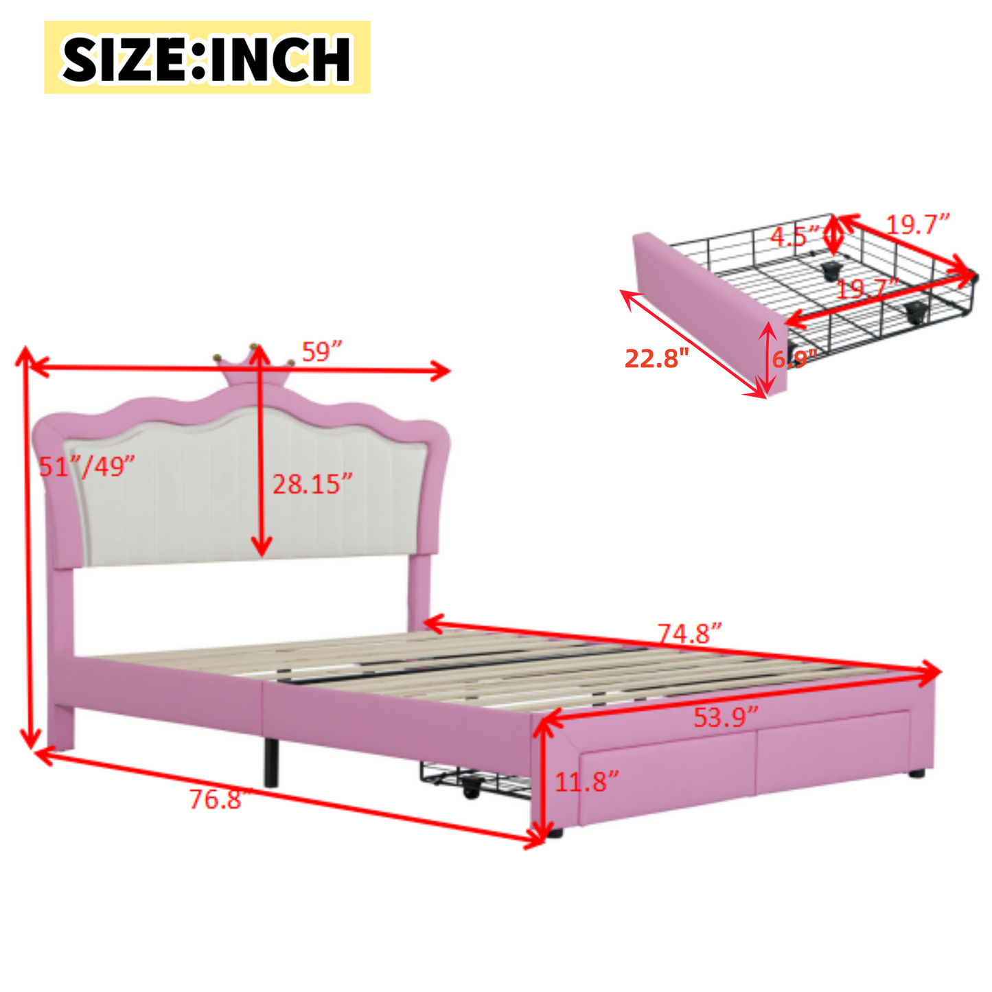 Pink upholstered twin bed frame with crown headboard and storage drawers