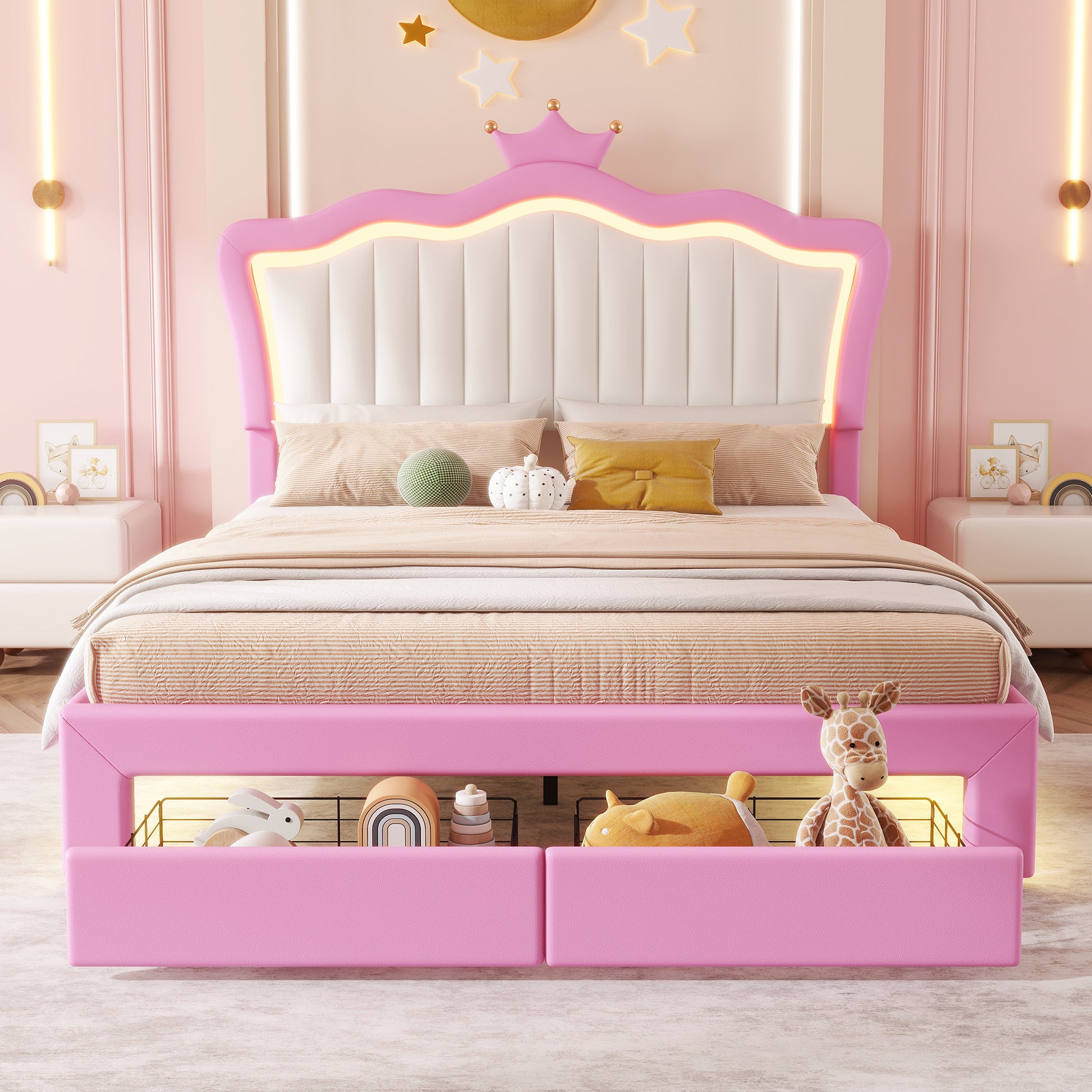 Pink upholstered twin bed with crown headboard and LED lights