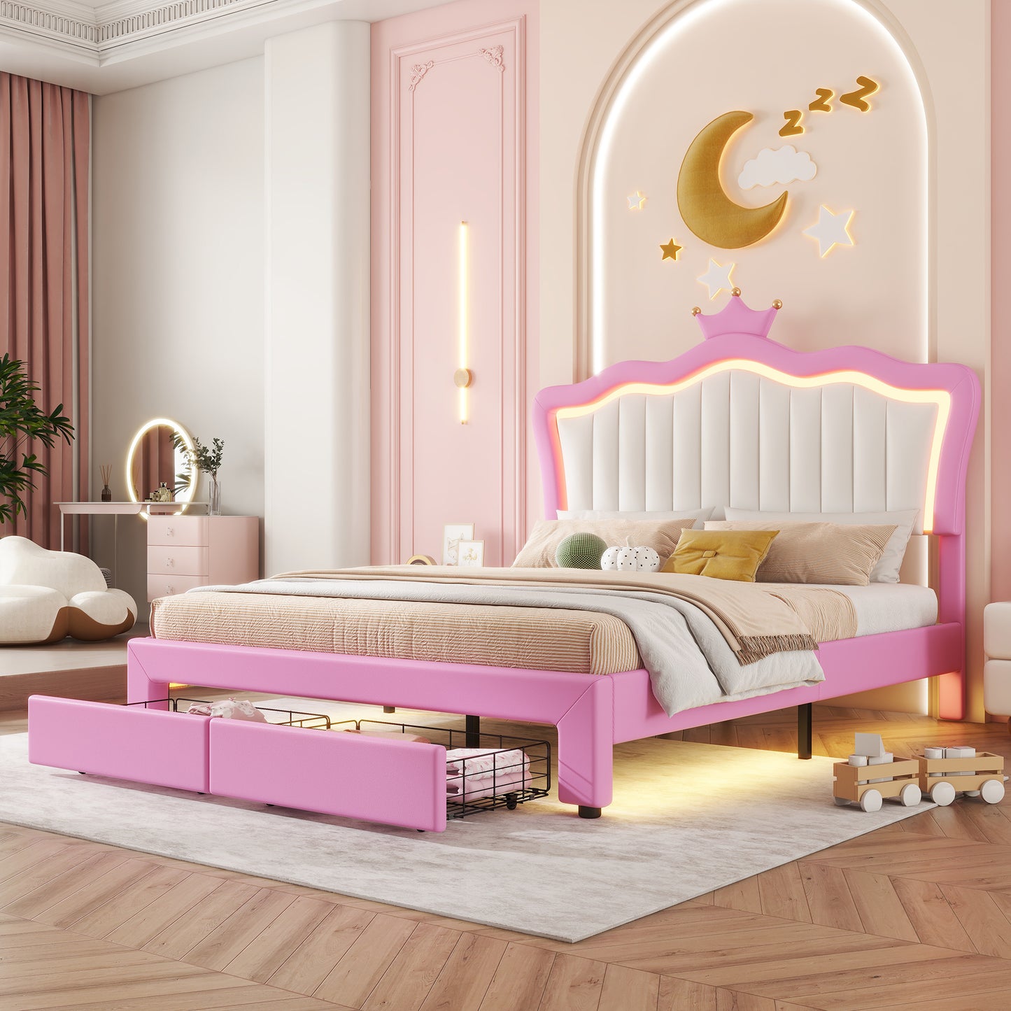 Pink upholstered kids bed with crown headboard and LED trim