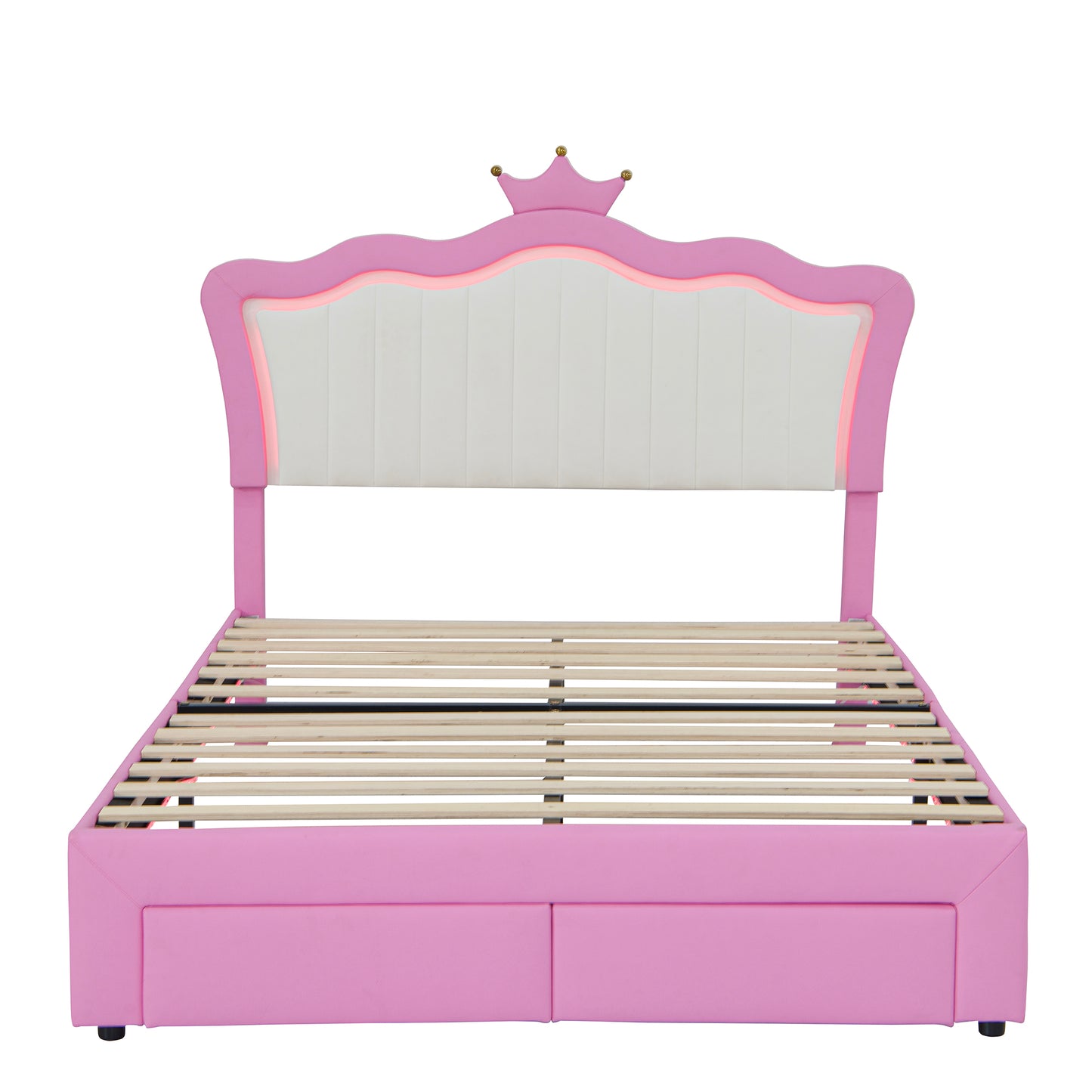 Pink twin bed with crown headboard and LED lights