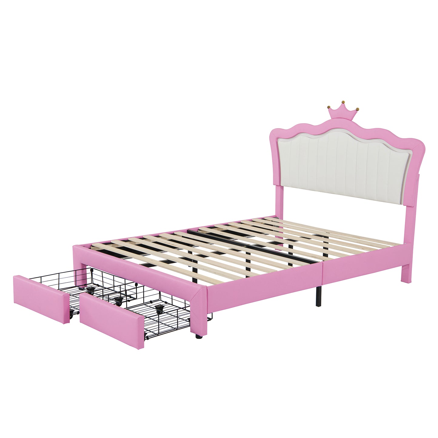 Pink upholstered twin bed with white padded headboard and crown detail