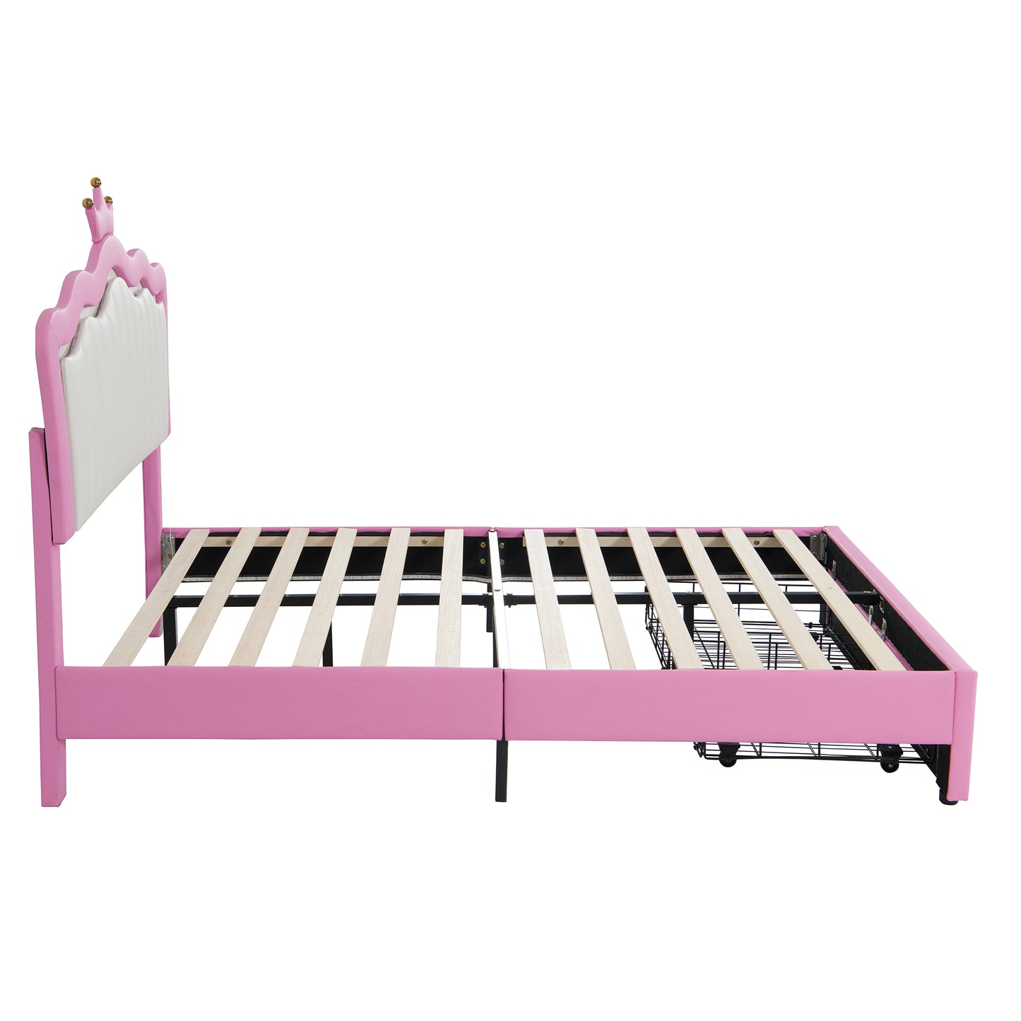 Pink upholstered twin bed frame with white tufted headboard and crown detail