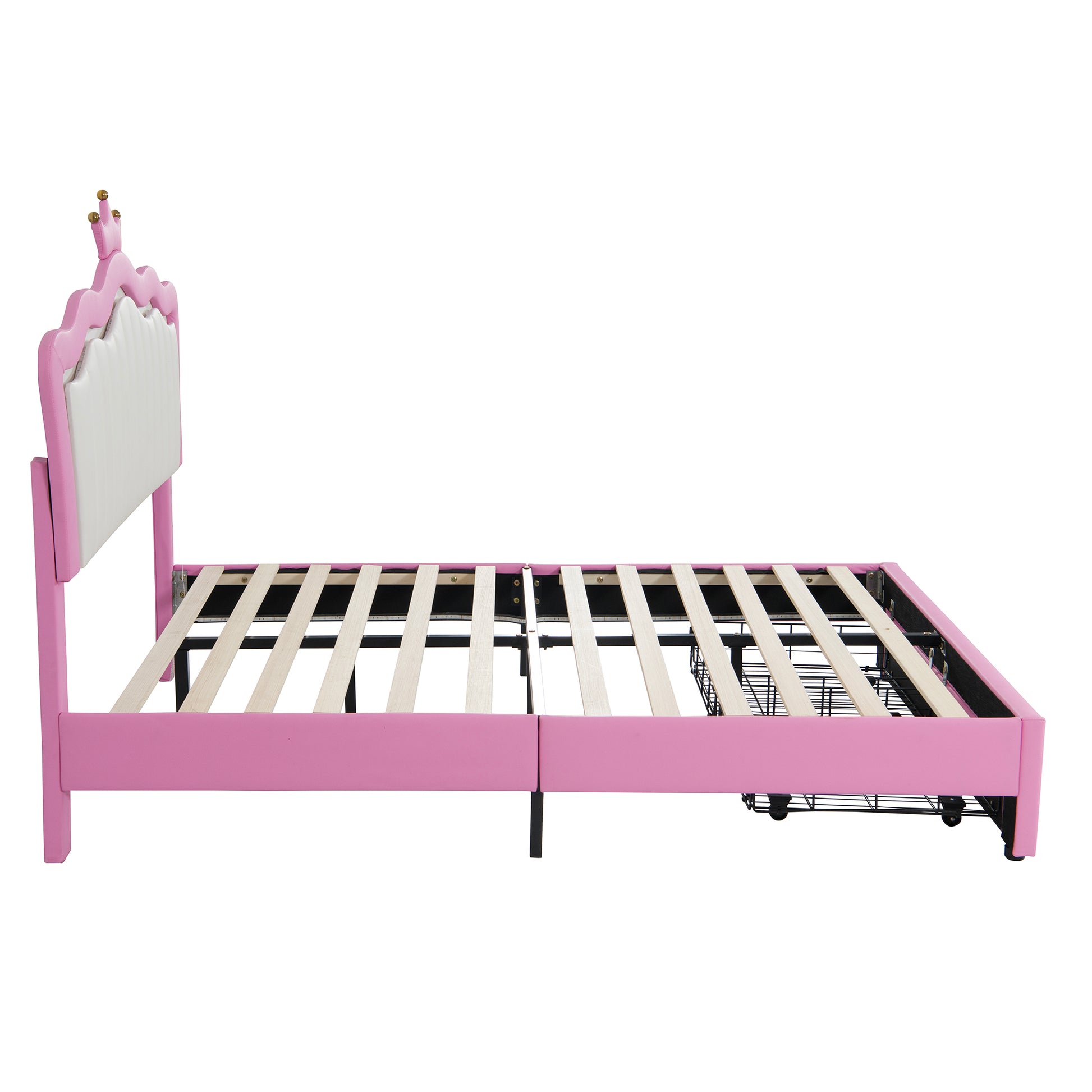 Pink upholstered twin bed frame with white tufted headboard and crown detail