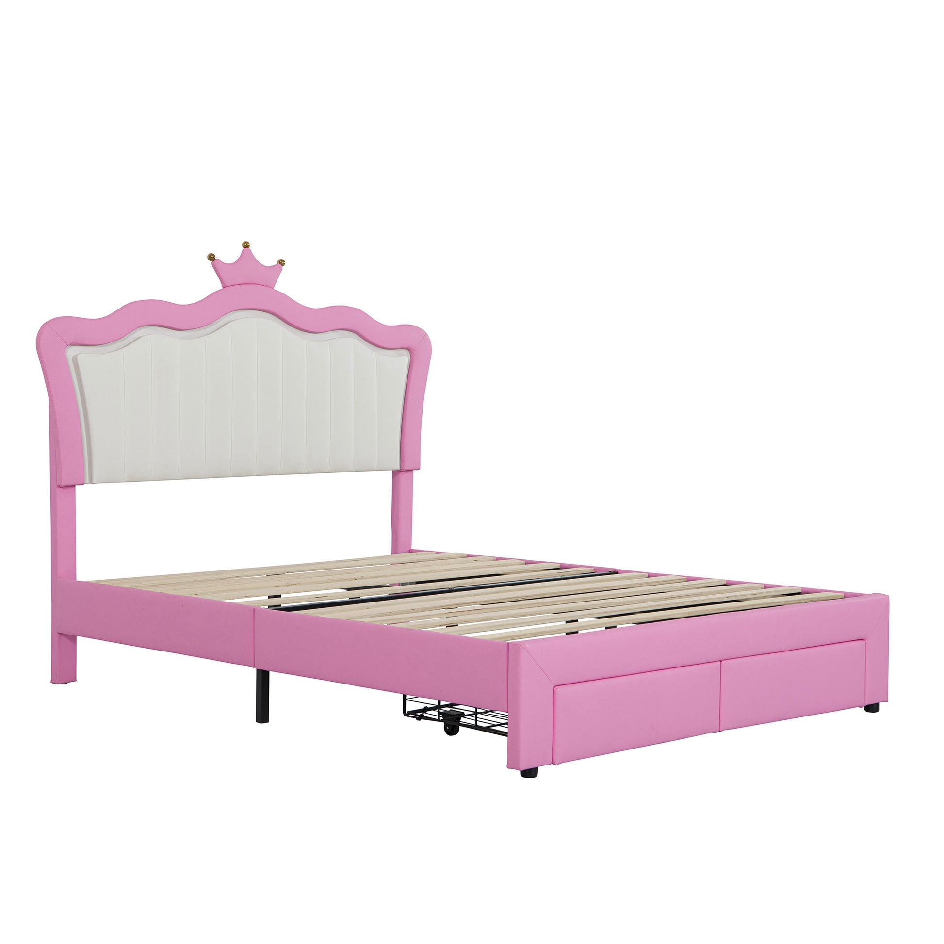 Pink upholstered twin bed with white tufted headboard and crown detail