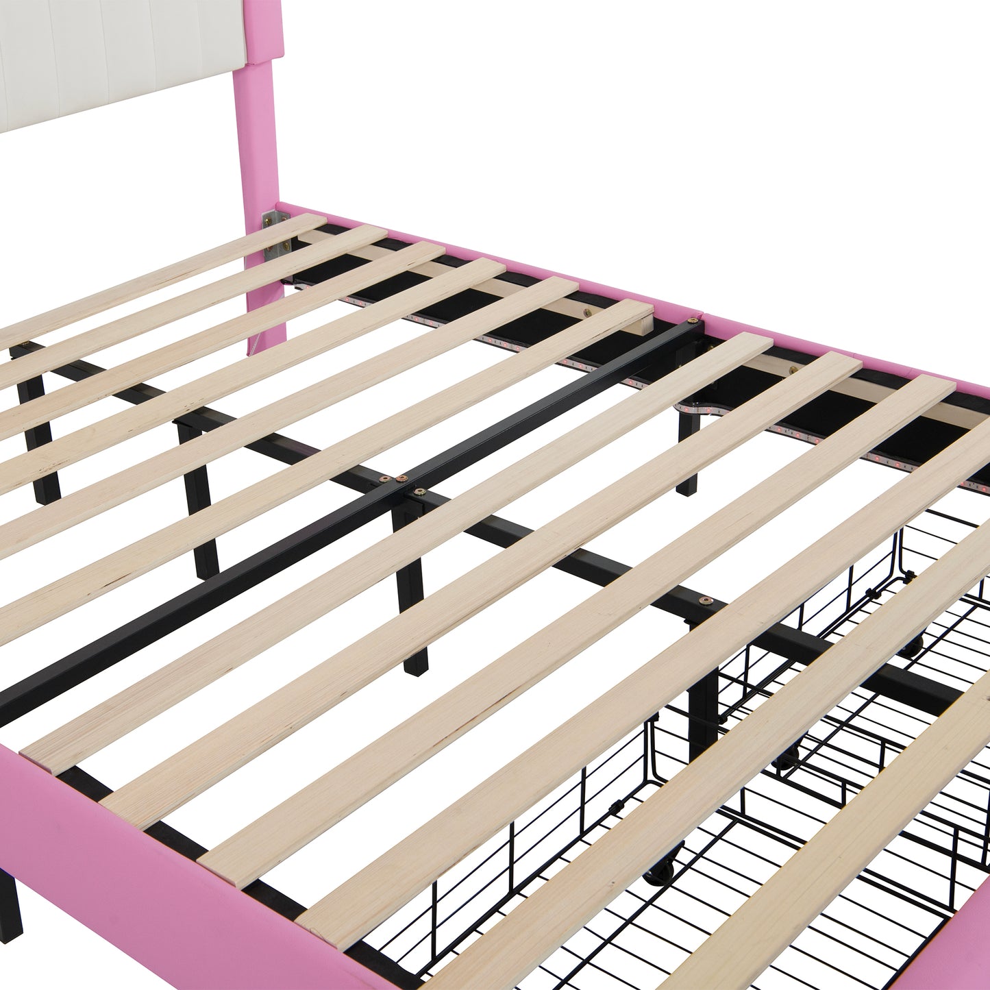 Pink upholstered platform bed frame with white tufted headboard and wooden slats