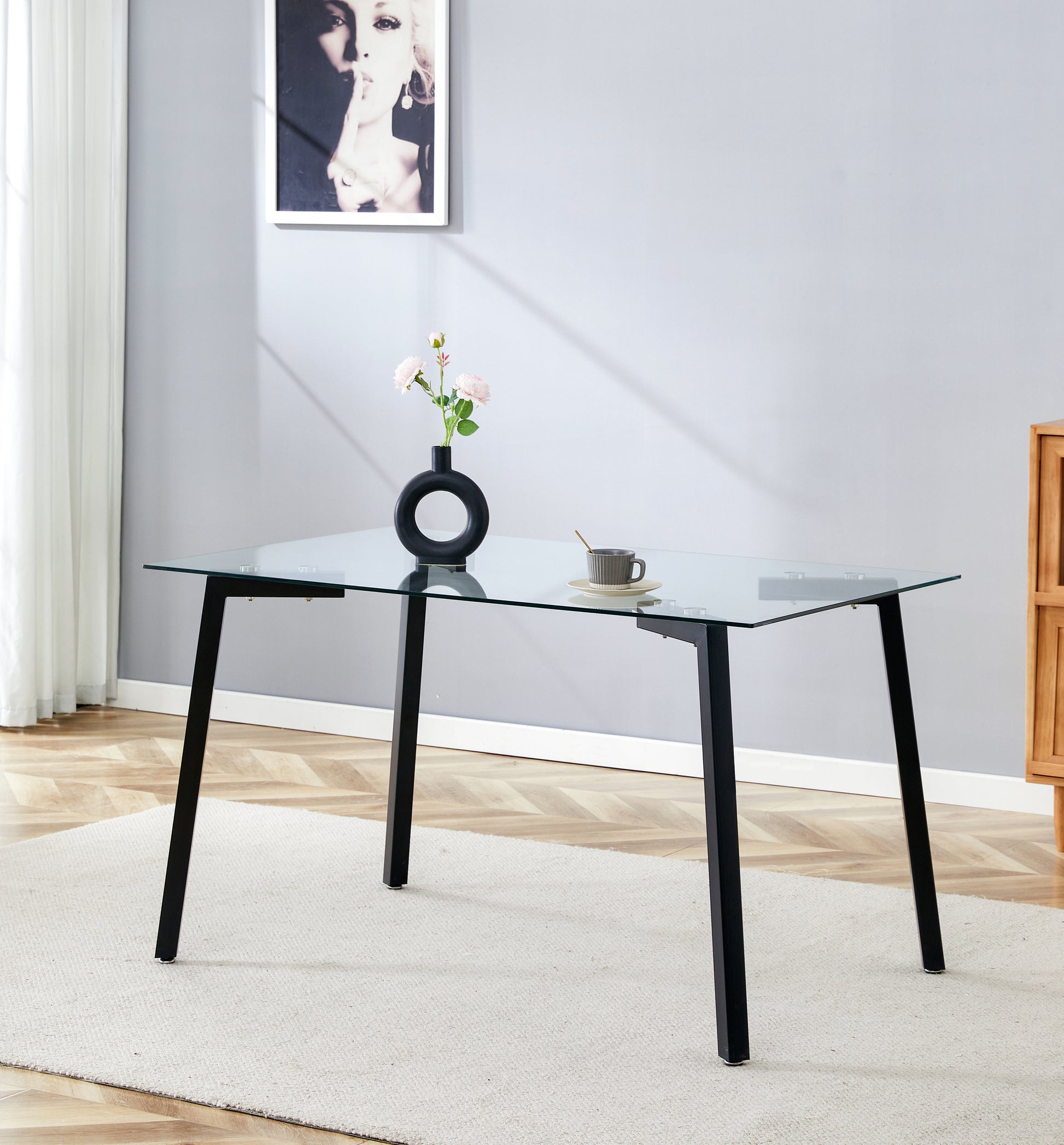 Rectangular glass top dining table with black metal legs