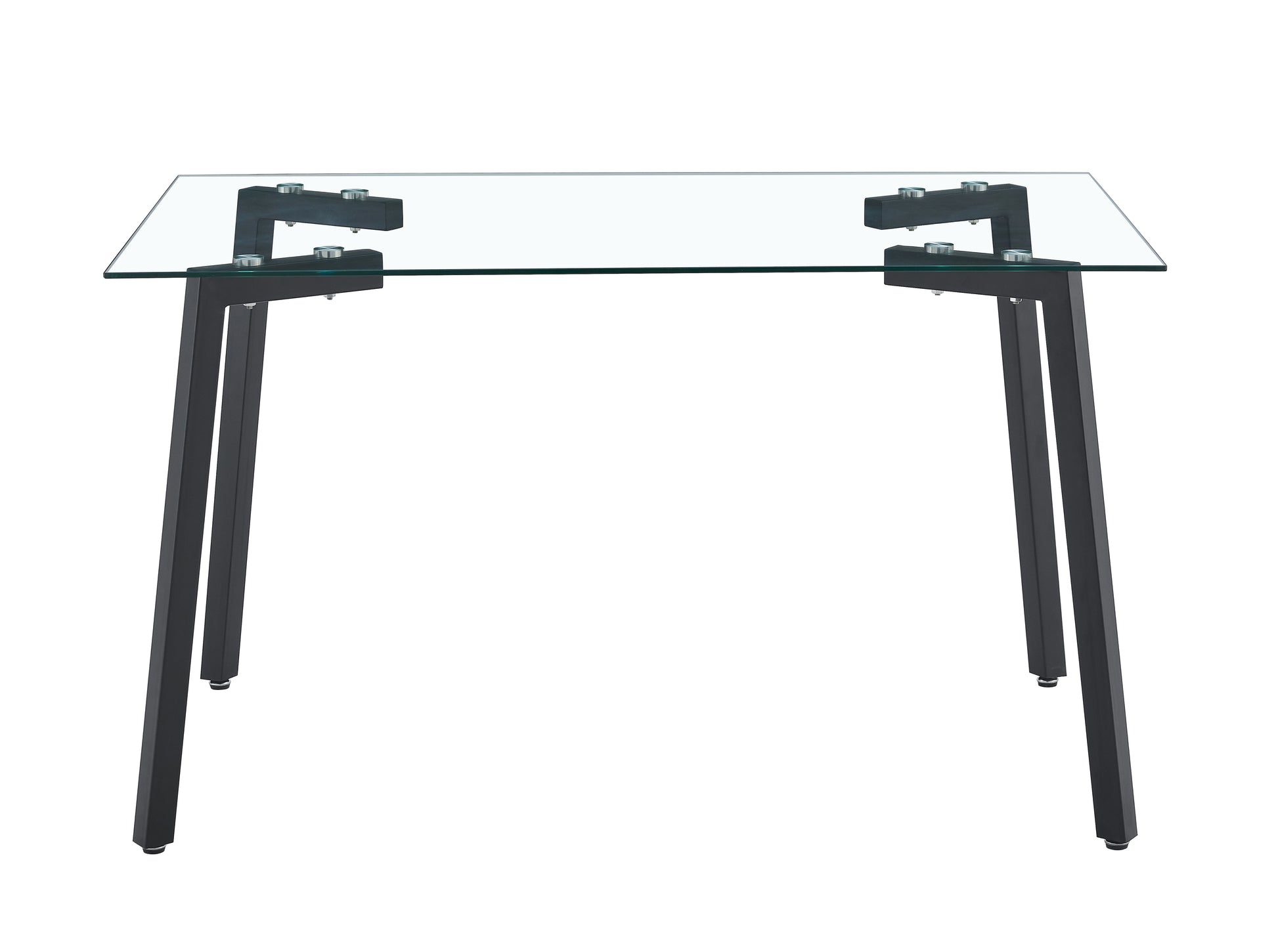 Rectangular glass dining table with black metal frame and legs