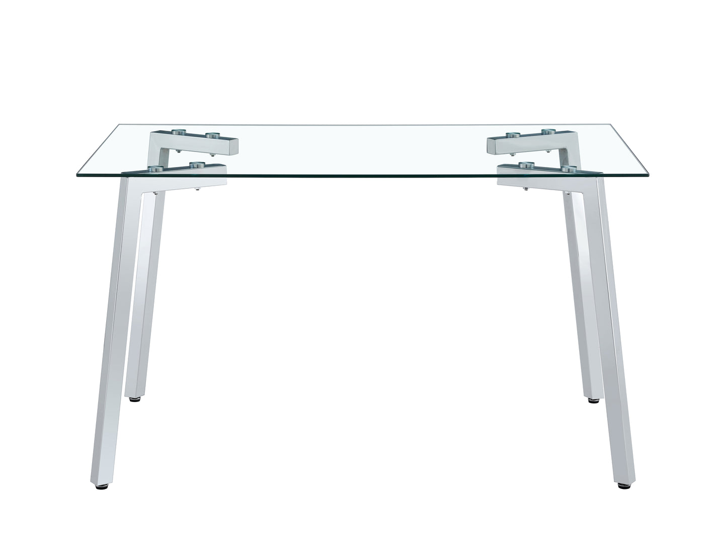 Glass top dining table with silver metal legs
