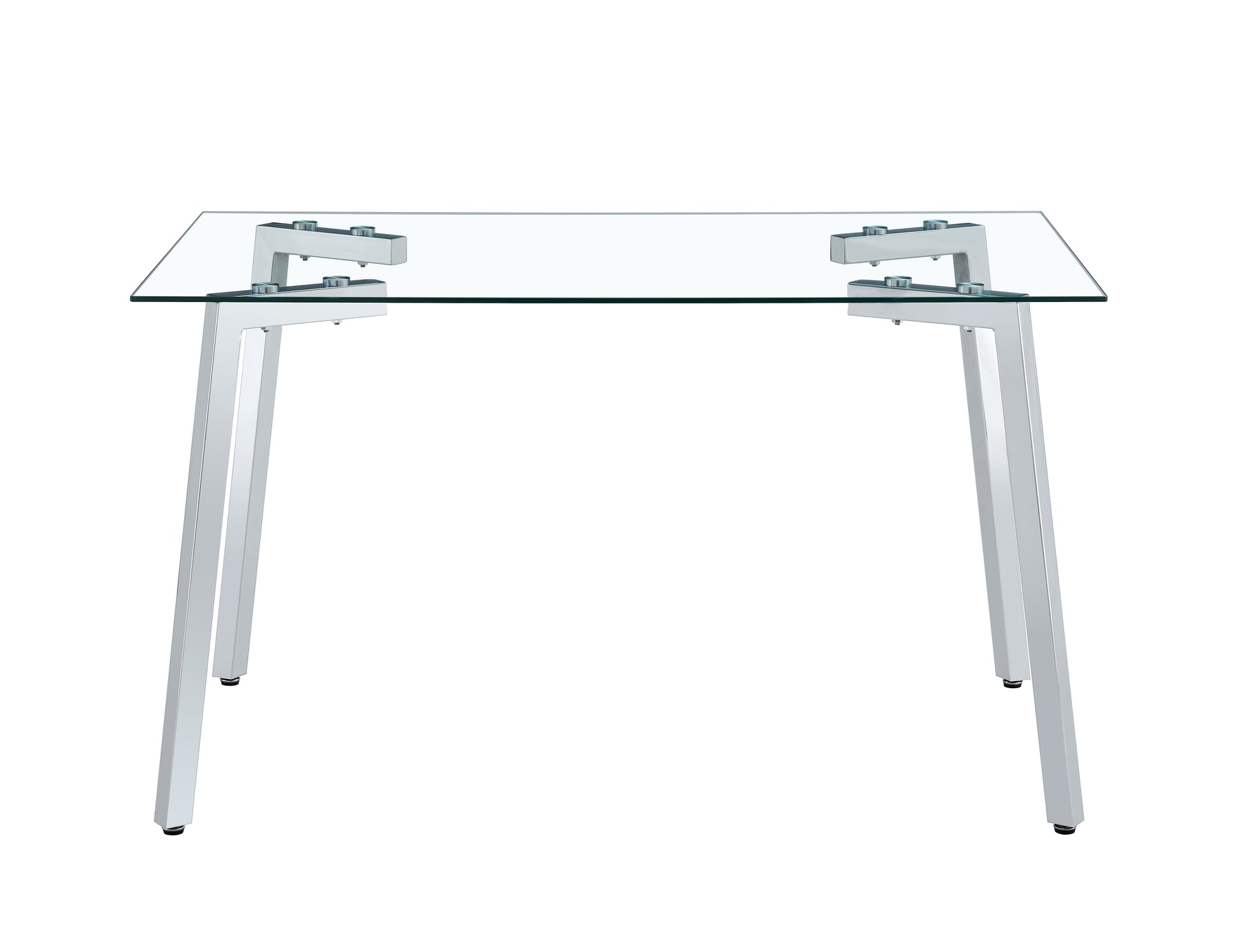 Glass top dining table with silver metal legs