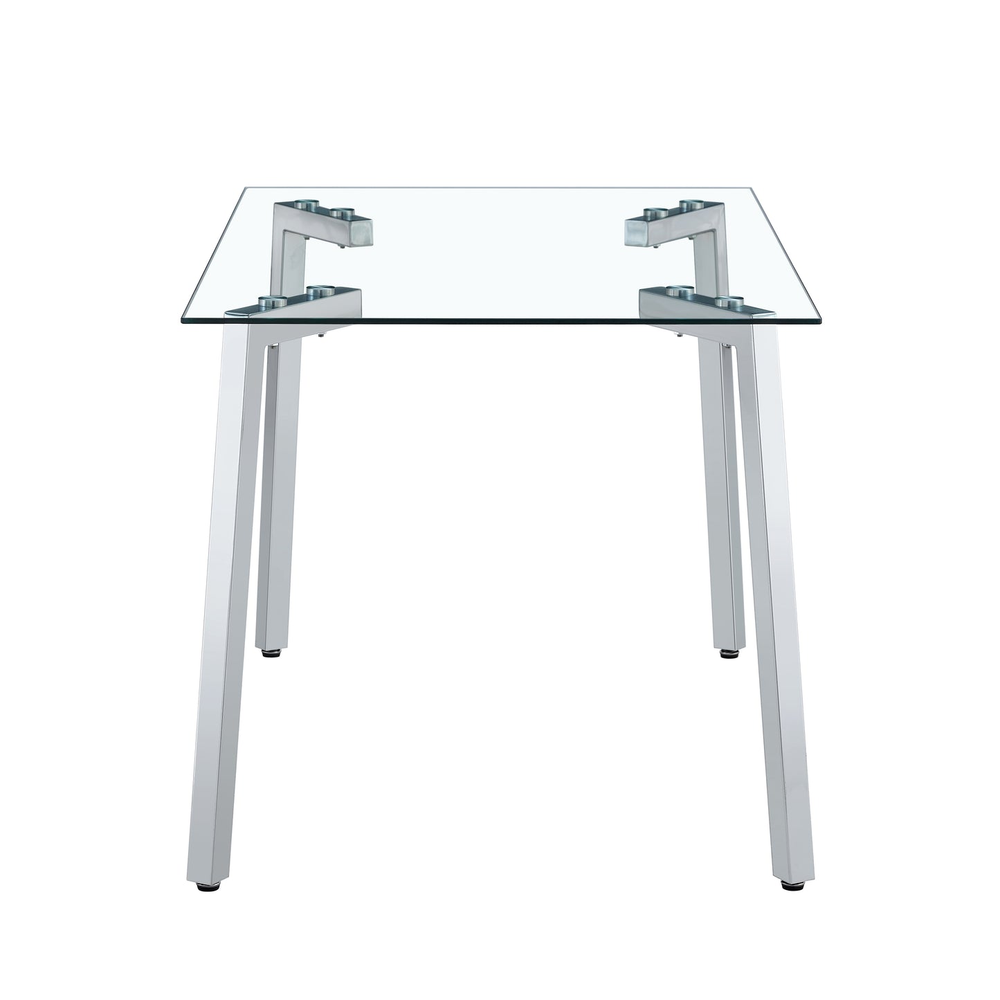 Glass top dining table with brushed nickel legs