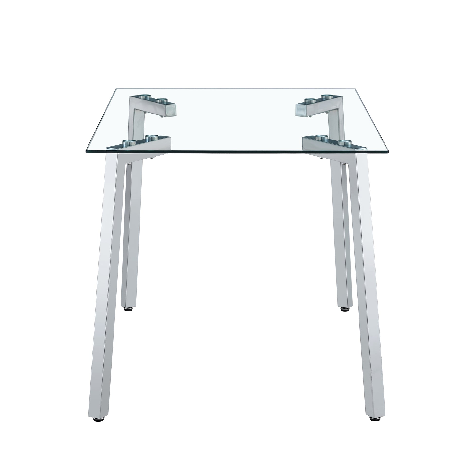 Glass top dining table with brushed nickel legs