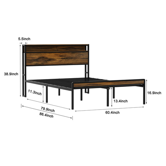 Rustic wood and black metal frame queen bed with integrated headboard shelf and dimensions labeled