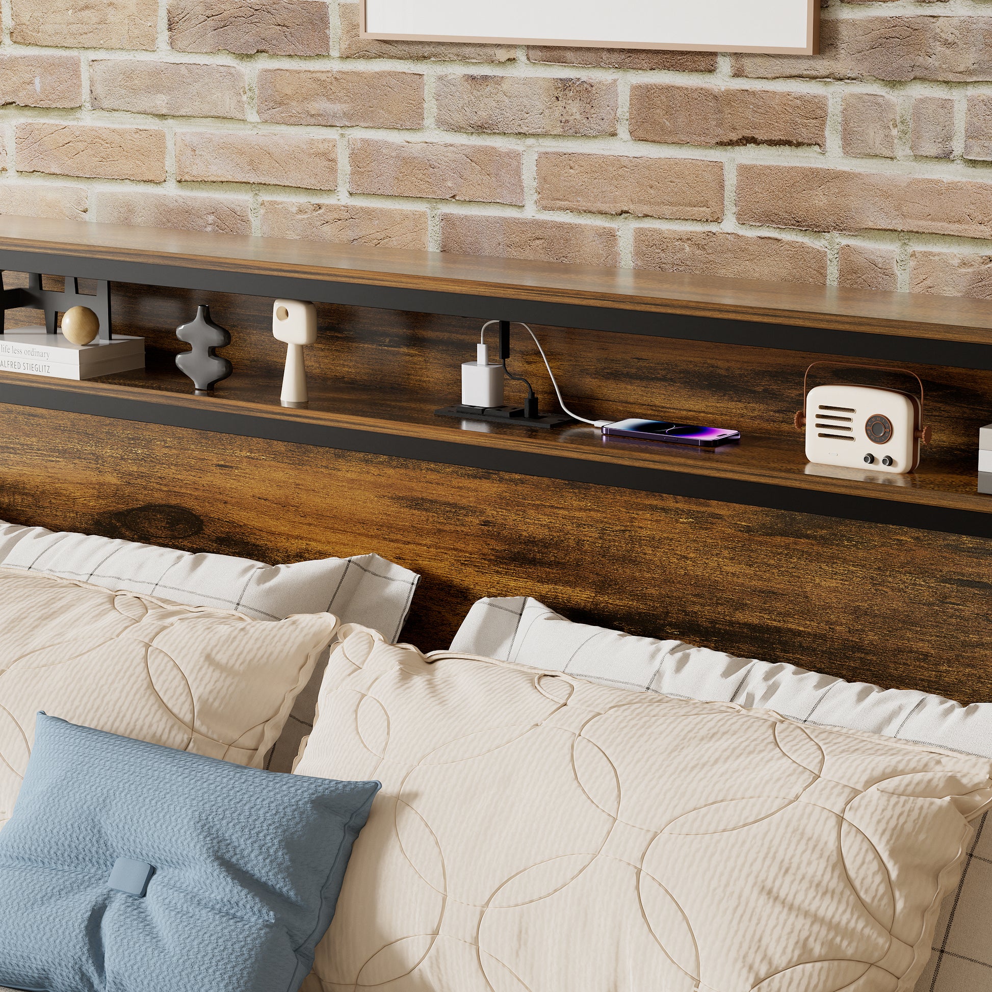 Rustic wood headboard with builtin shelf and charging station