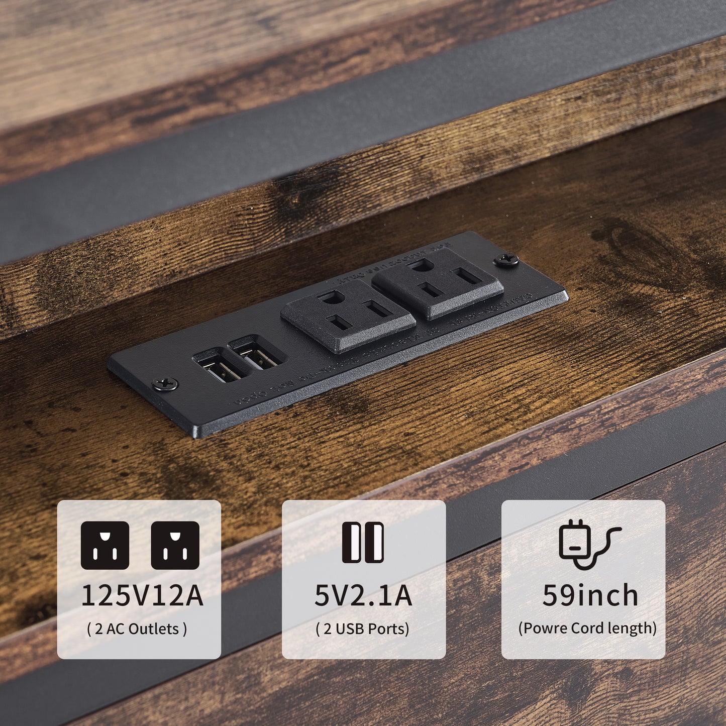 Integrated power strip with  AC outlets and  USB ports on a wood grain surface