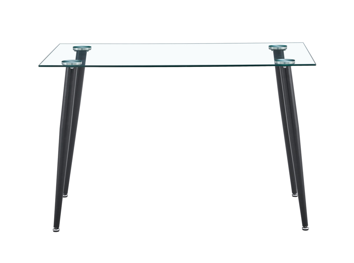 Rectangular glass dining table with black metal tapered legs