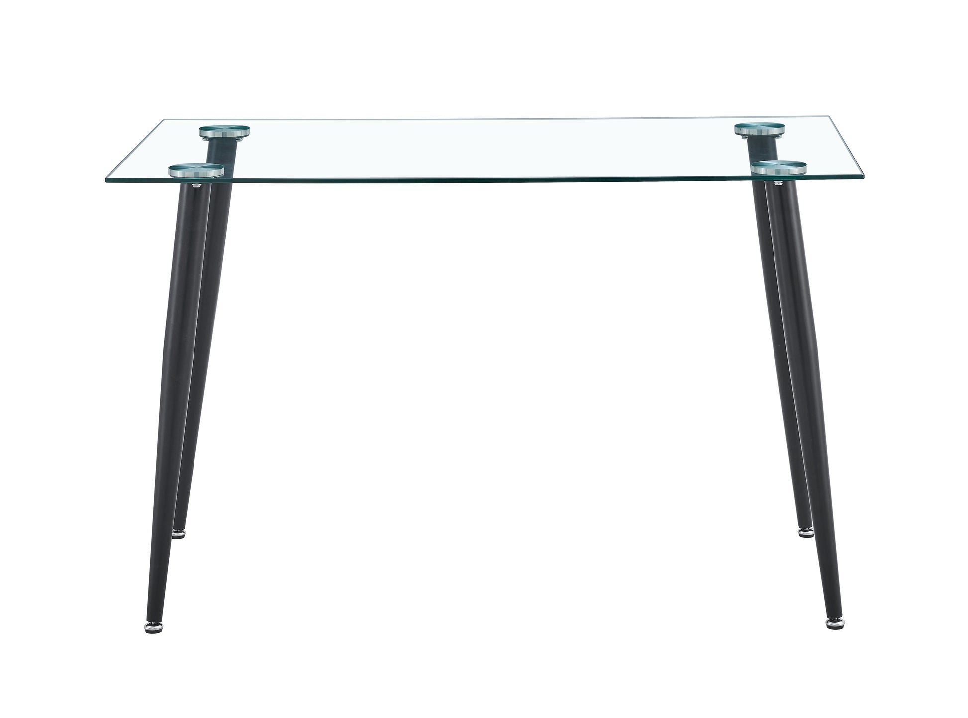 Rectangular glass dining table with black metal tapered legs
