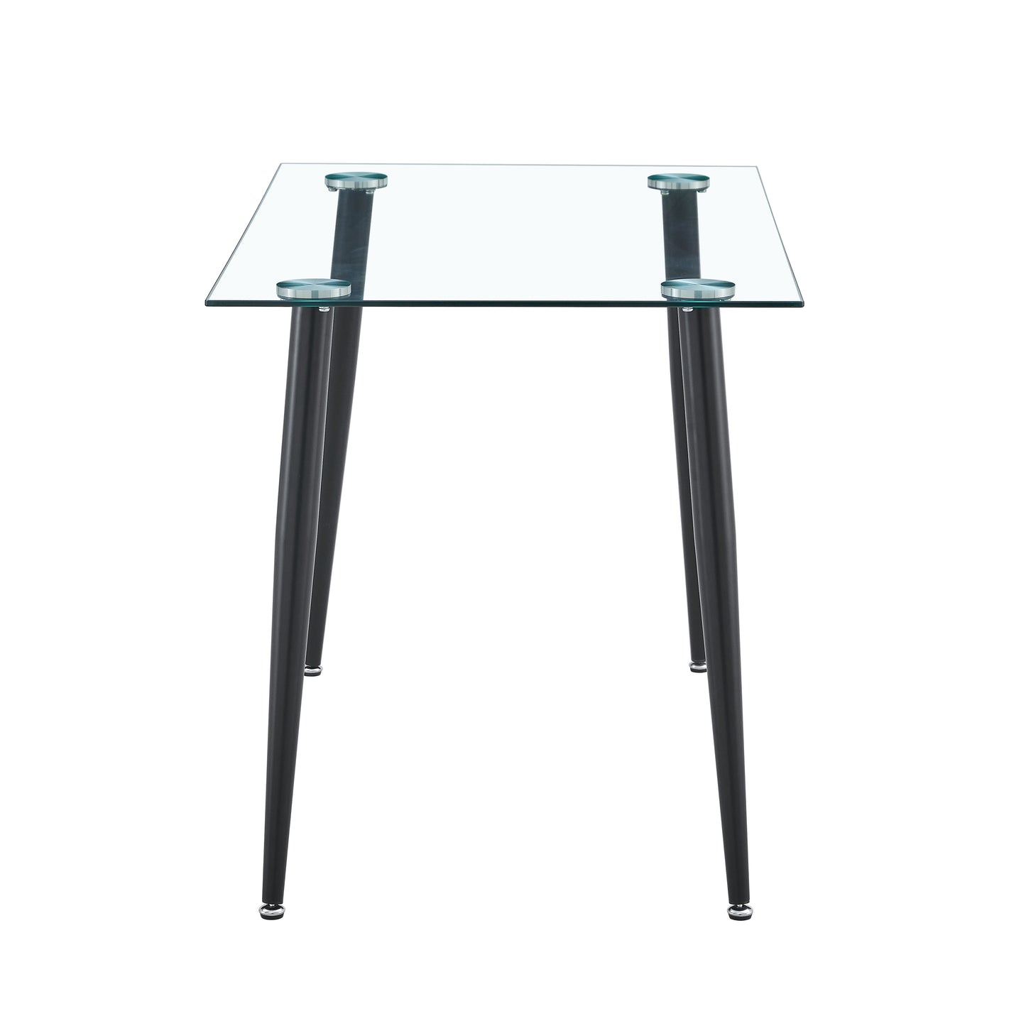 Modern glass dining table with tapered black metal legs