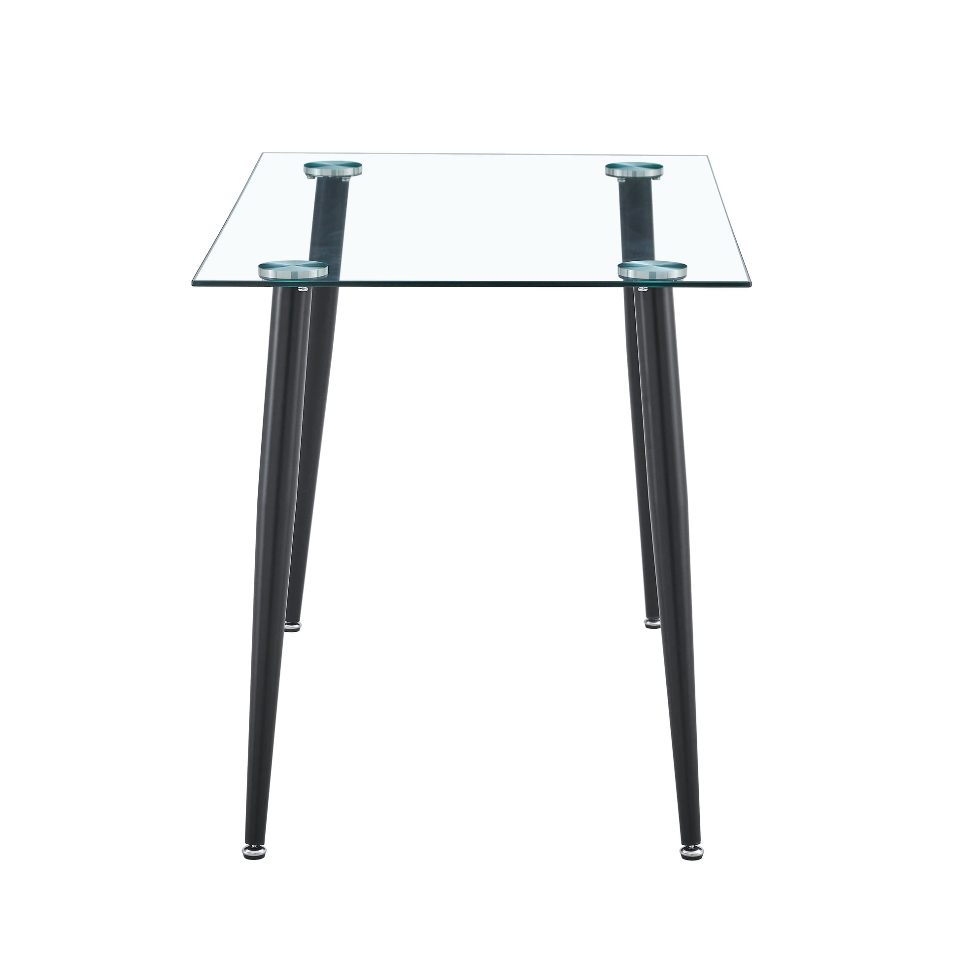Modern glass dining table with tapered black metal legs