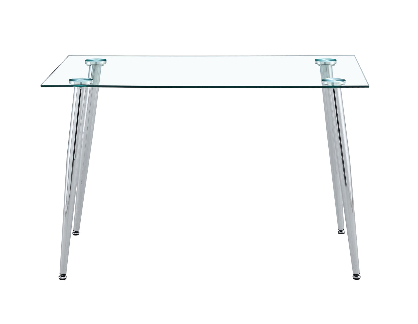 Clear glass top dining table with chrome legs and silver accents