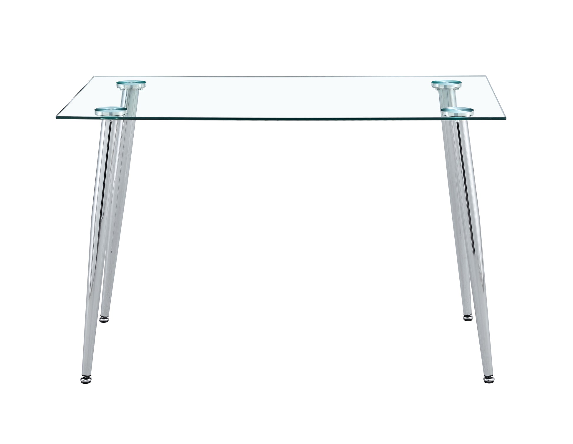 Clear glass top dining table with chrome legs and silver accents