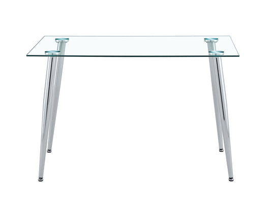 Clear glass top dining table with chrome legs and silver accents