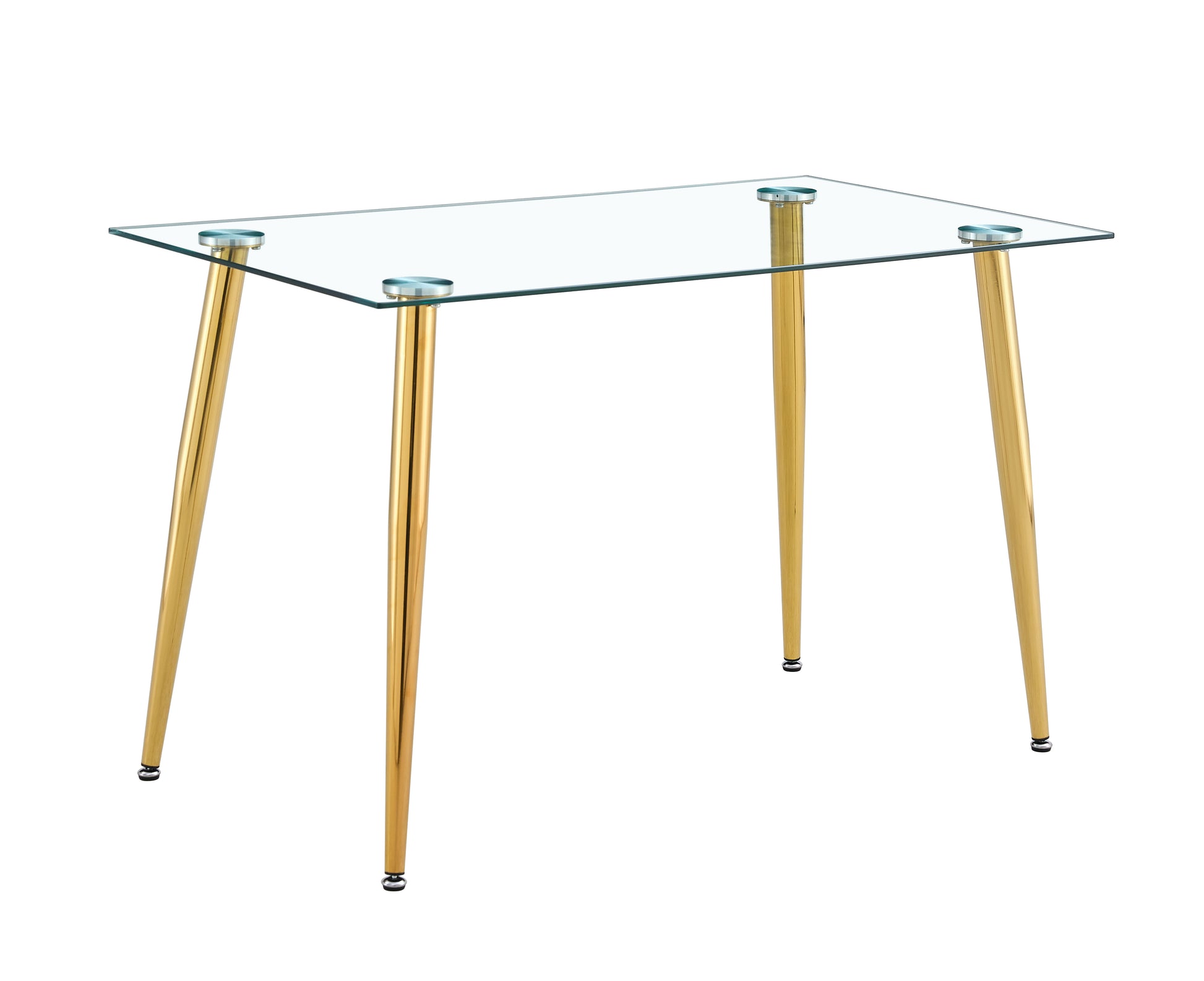 Glass top dining table with polished gold legs